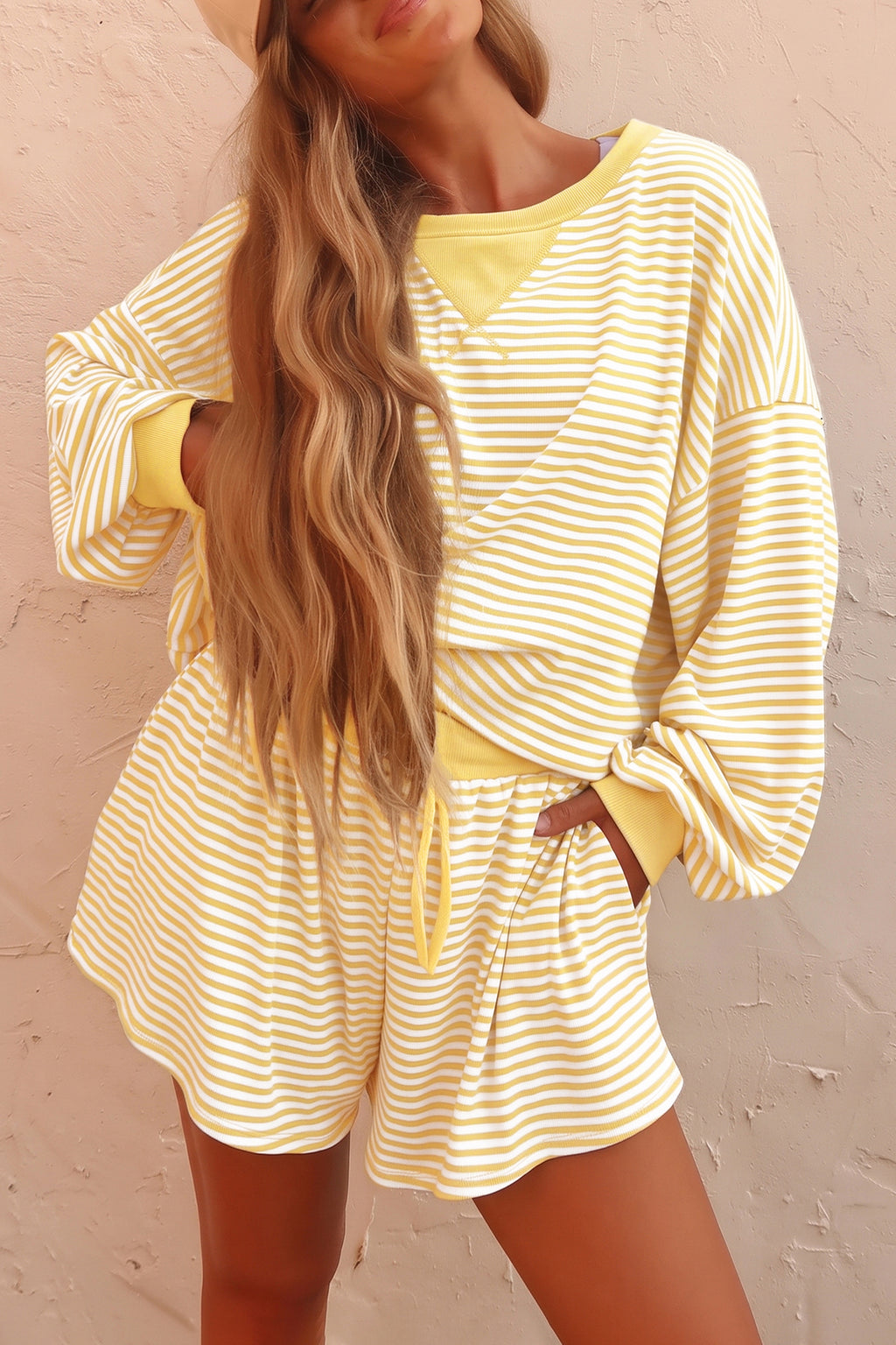 Yellow Stripe Oversized Long Sleeve Top Drawstring Loose Shorts 2pcs Set
