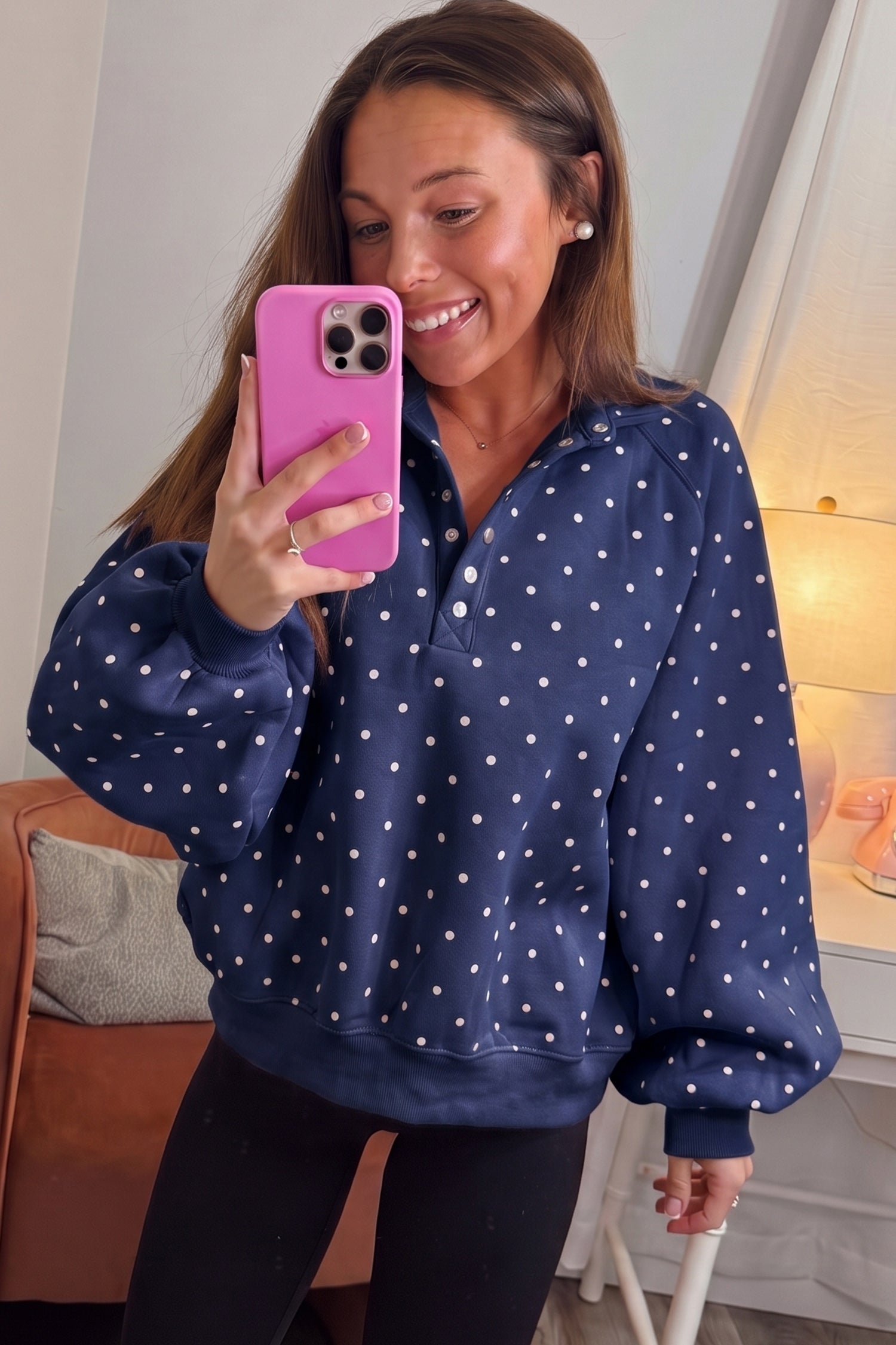 Pink Polka Dot Print Metal Button Collar Casual Pullover Sweatshirt