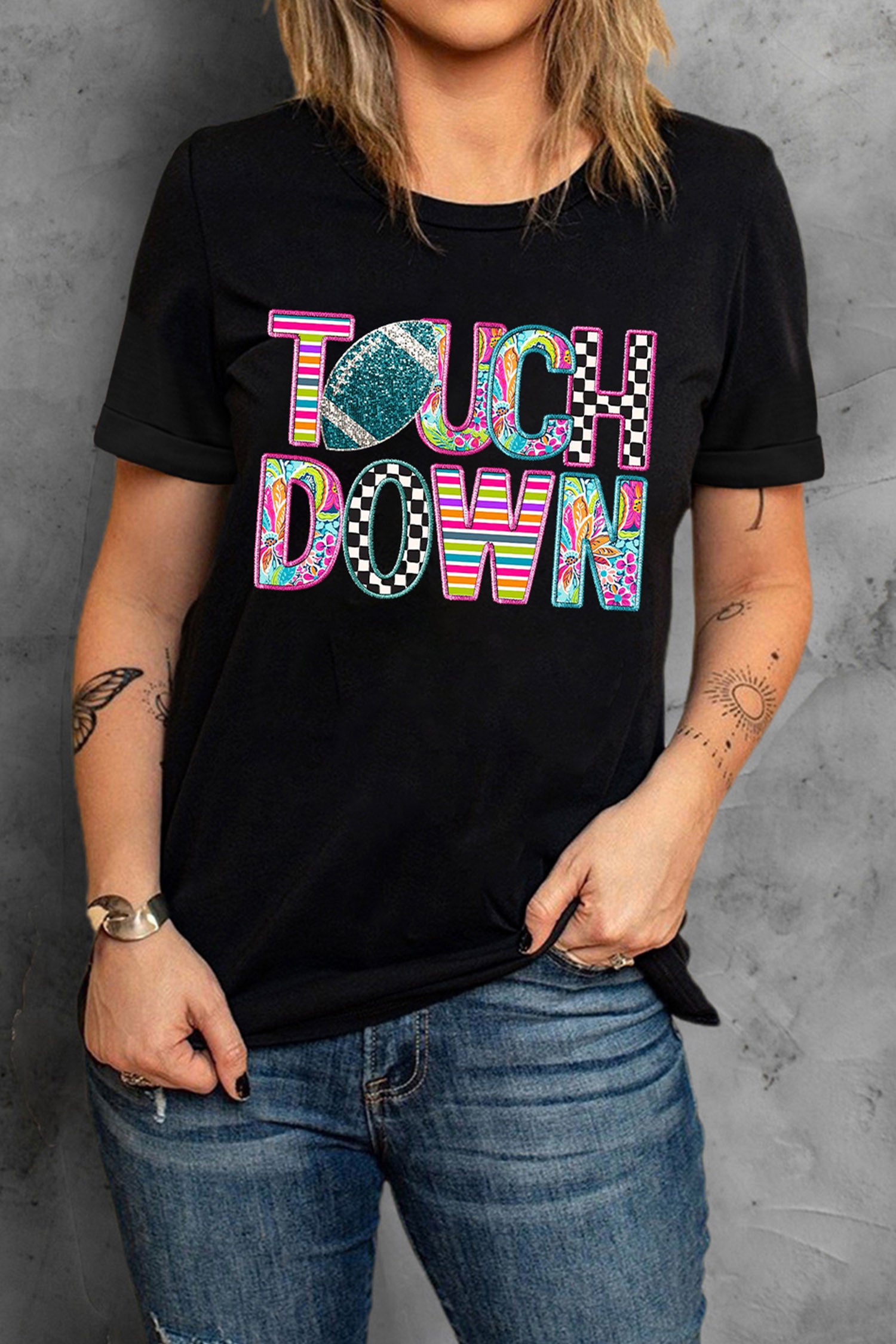Black Playful TOUCHDOWN Letter Graphic Casual Round Neck T-Shirt