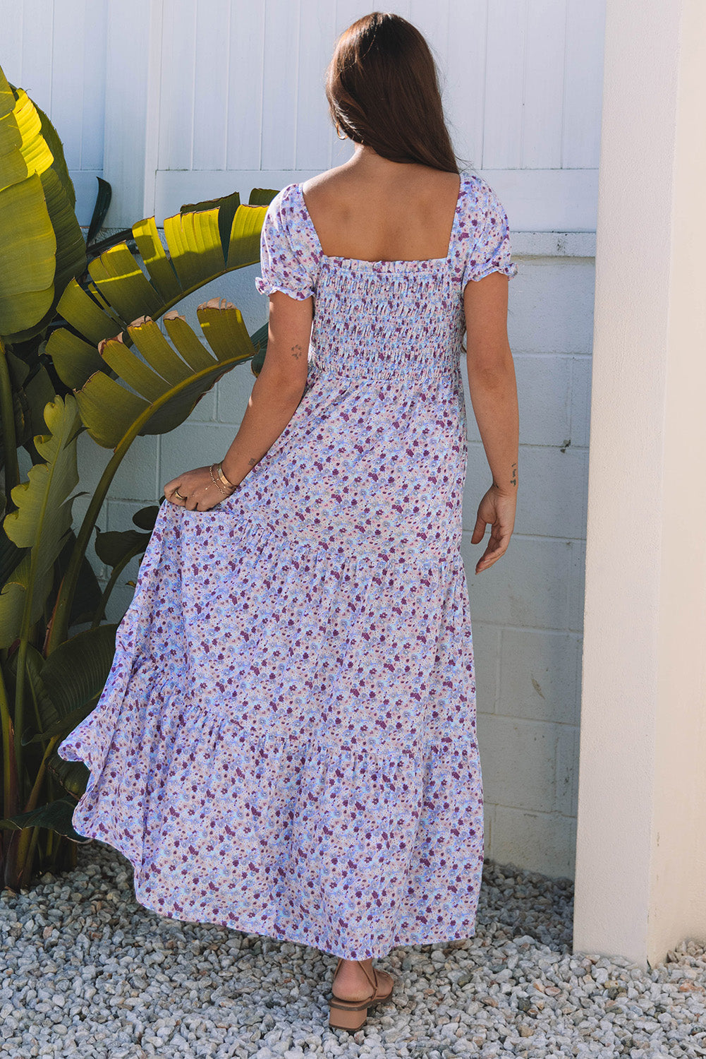 Green Floral Short Bubble Sleeve Shirred High Waist Maxi Dress