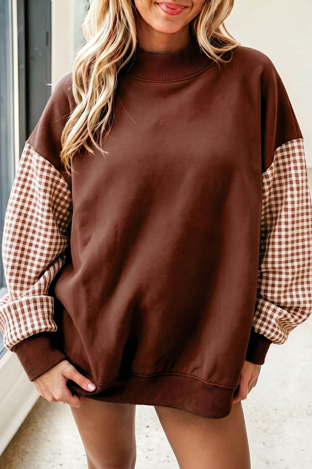 Fiery Red Plaid Sleeve Colorblock Loose Tunic Sweatshirt