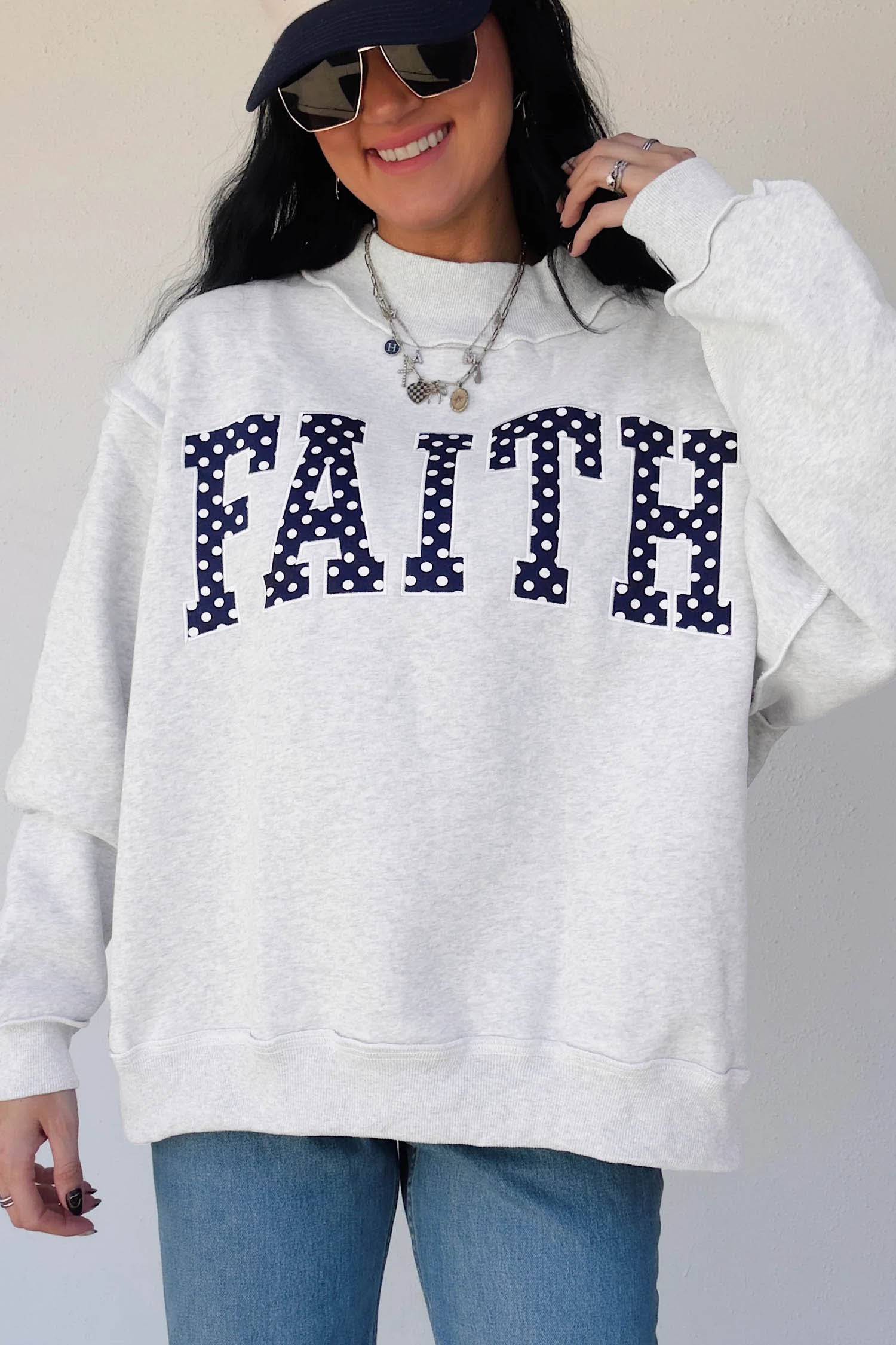 Gray High Neck Polka Dot Slogan Printed Baggy Sweatshirt
