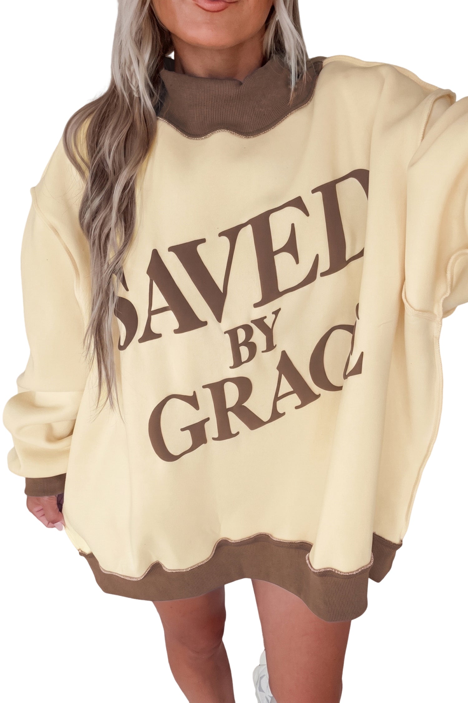 Bright Pink Saved By Grace Print Color Block Mock Neck Oversized Sweatshirt