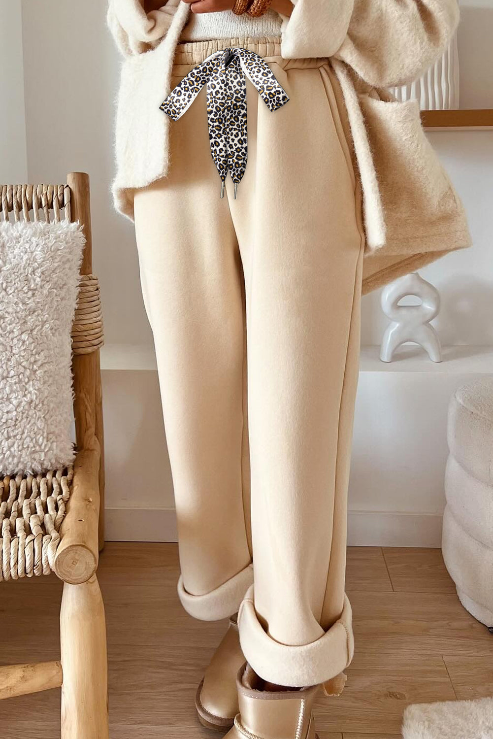 Black Fleece Lined Leopard Drawstring Elastic Waist Solid Pants