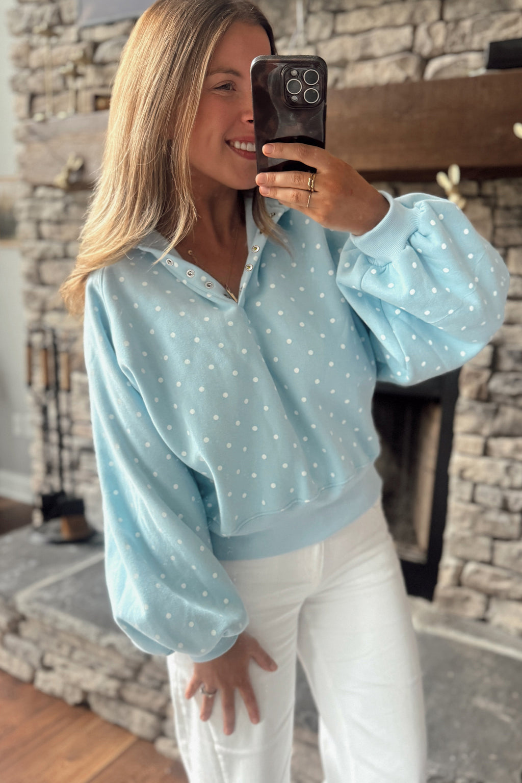 Pink Polka Dot Print Metal Button Collar Casual Pullover Sweatshirt
