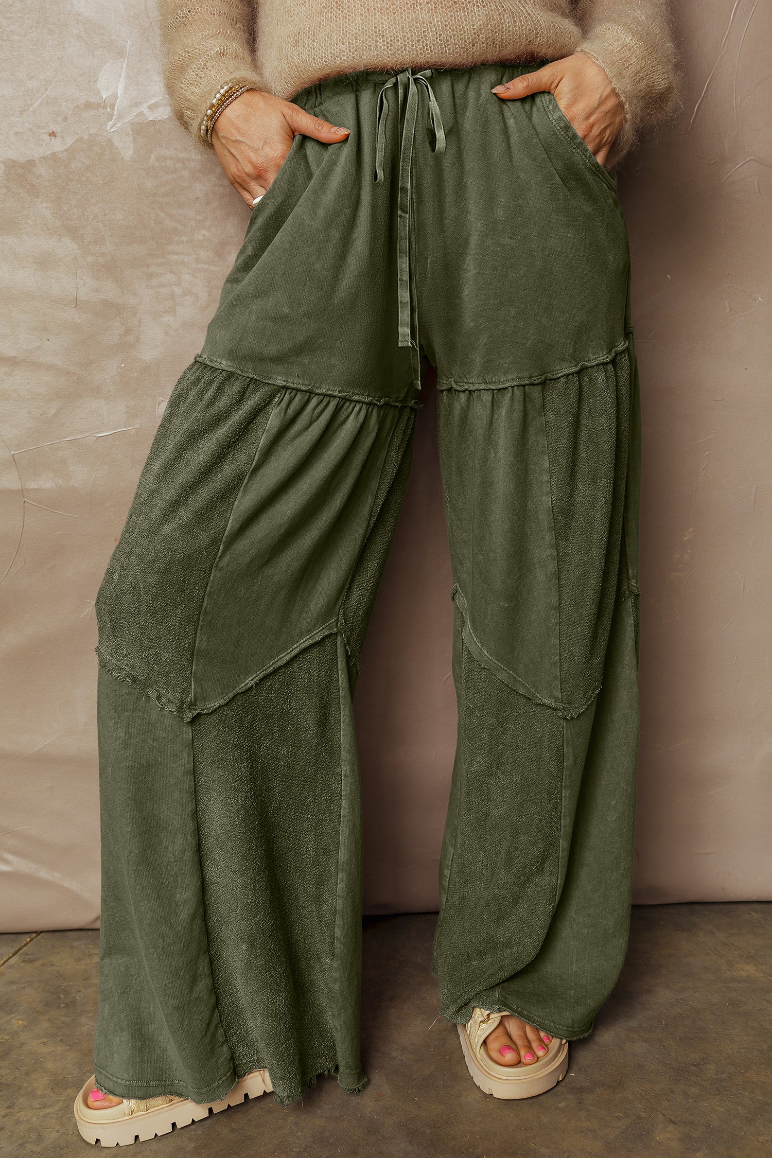 Vineyard Green Mineral Wash Tiered Wide Leg Patchwork Drawstring Pants