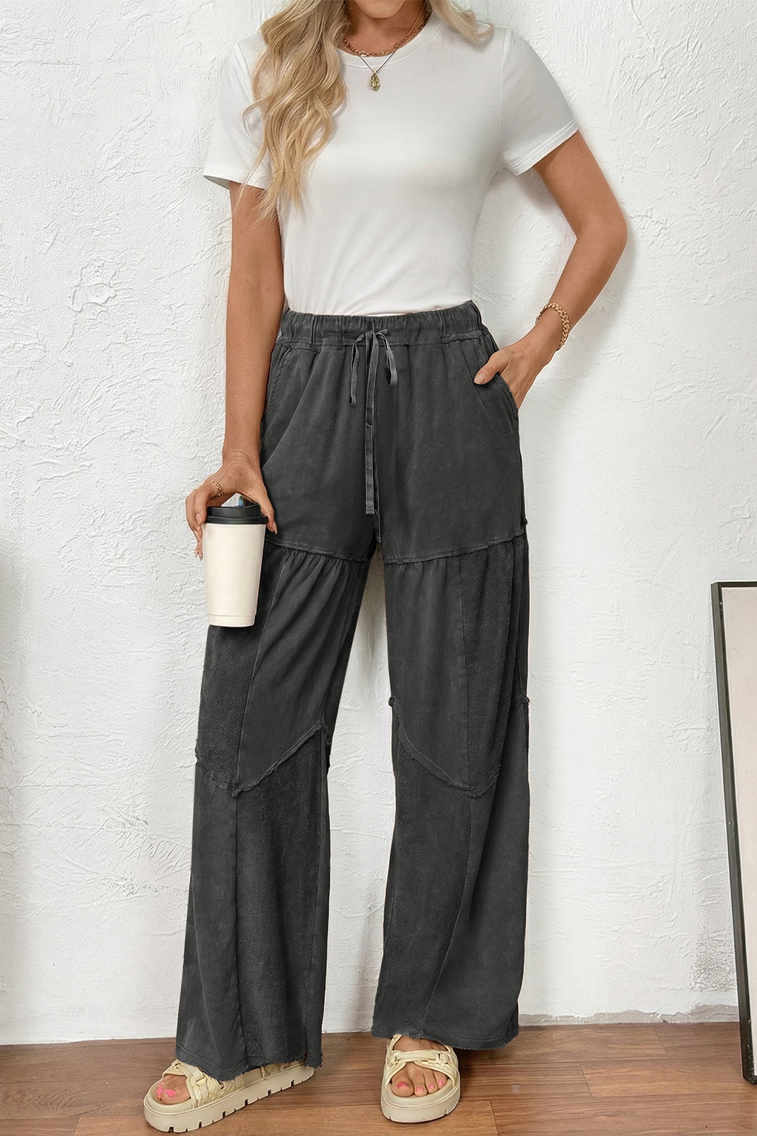 Vineyard Green Mineral Wash Tiered Wide Leg Patchwork Drawstring Pants