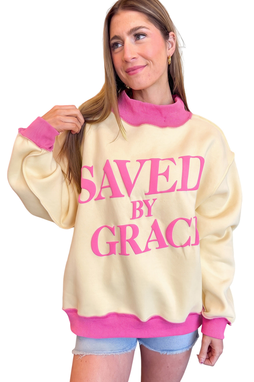 Bright Pink Saved By Grace Print Color Block Mock Neck Oversized Sweatshirt