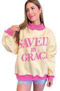 Bright Pink Saved By Grace Print Color Block Mock Neck Oversized Sweatshirt