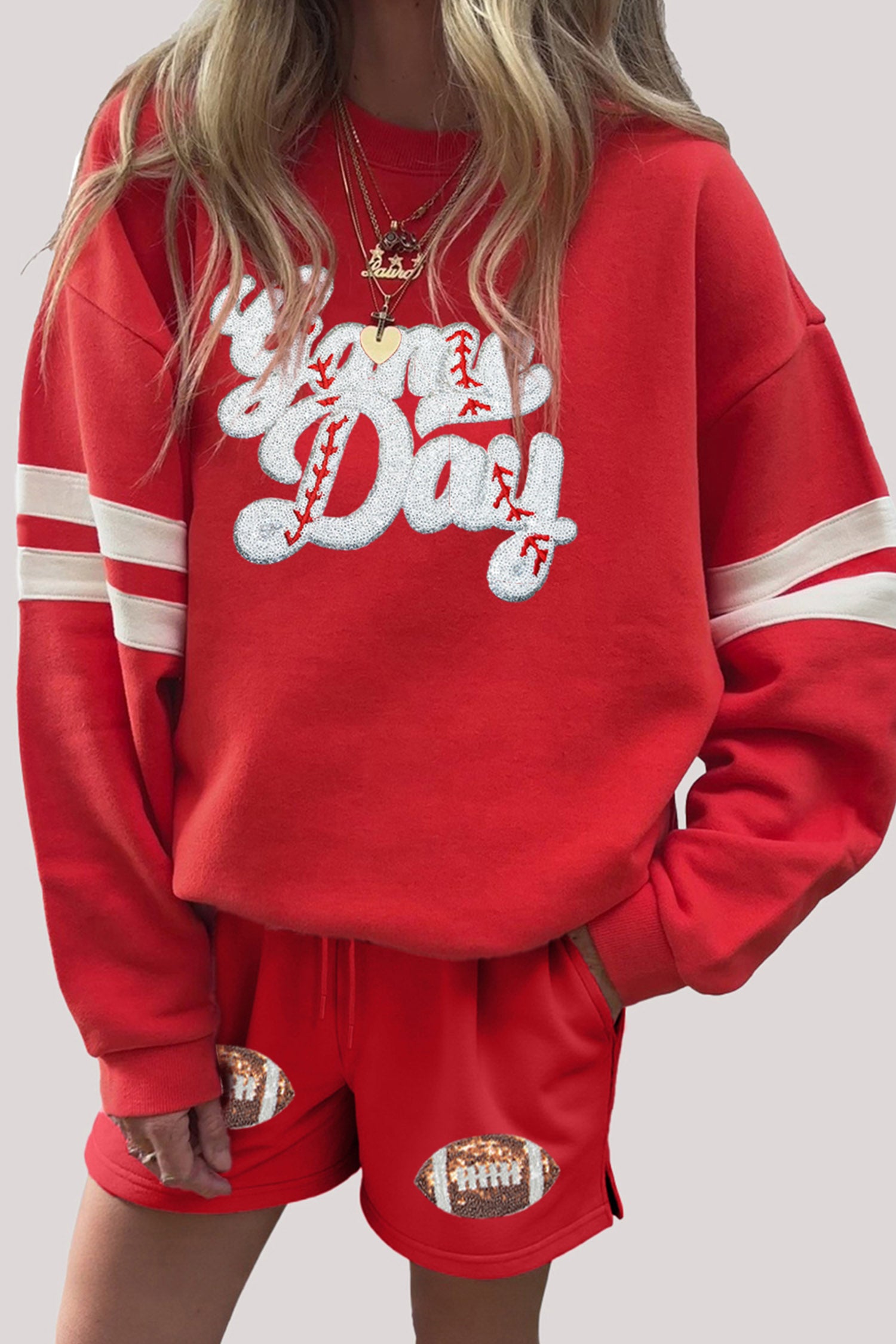 Fiery Red Glitter Game Day Slogan Football Patch Varsity Graphic Two Piece Set
