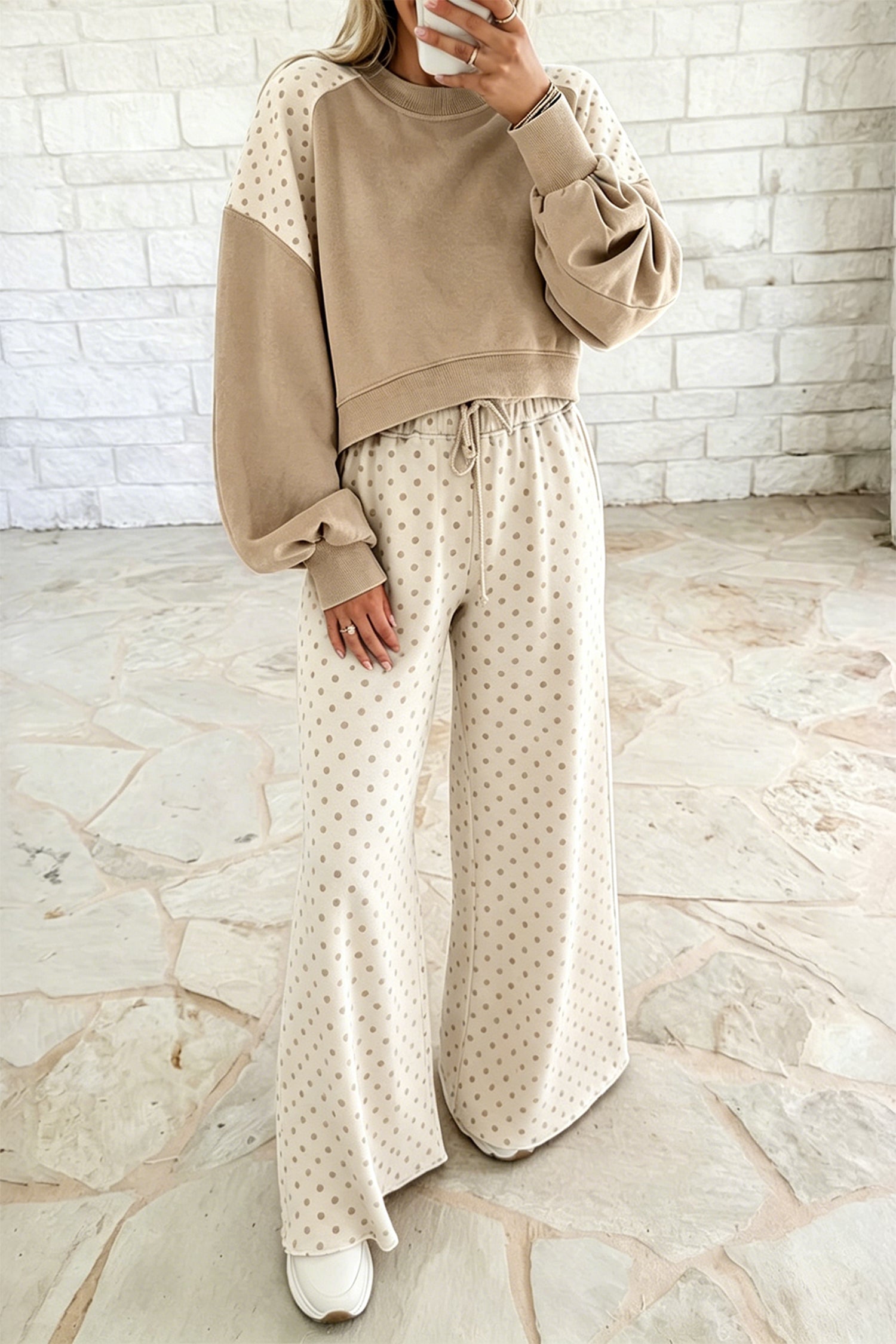 Khaki Polka Dot Patchwork Colorblock Long Sleeve Casual Two Piece Pants Set