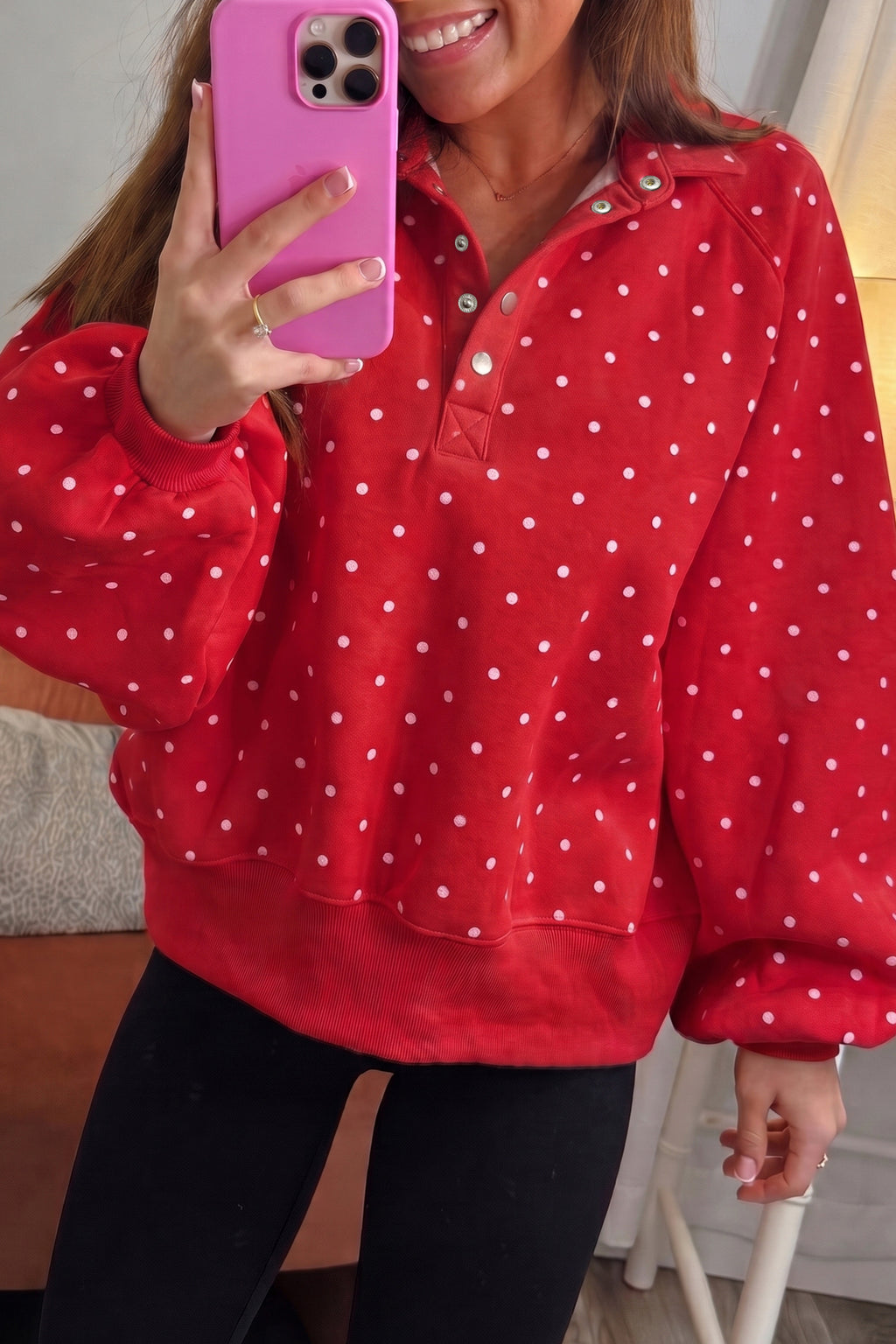 Pink Polka Dot Print Metal Button Collar Casual Pullover Sweatshirt