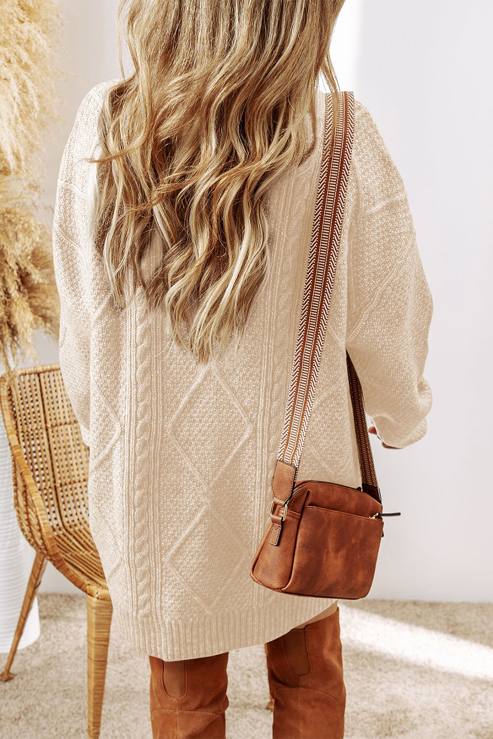 Black Cable Knit Drop Shoulder Loose Fit Sweater Dress