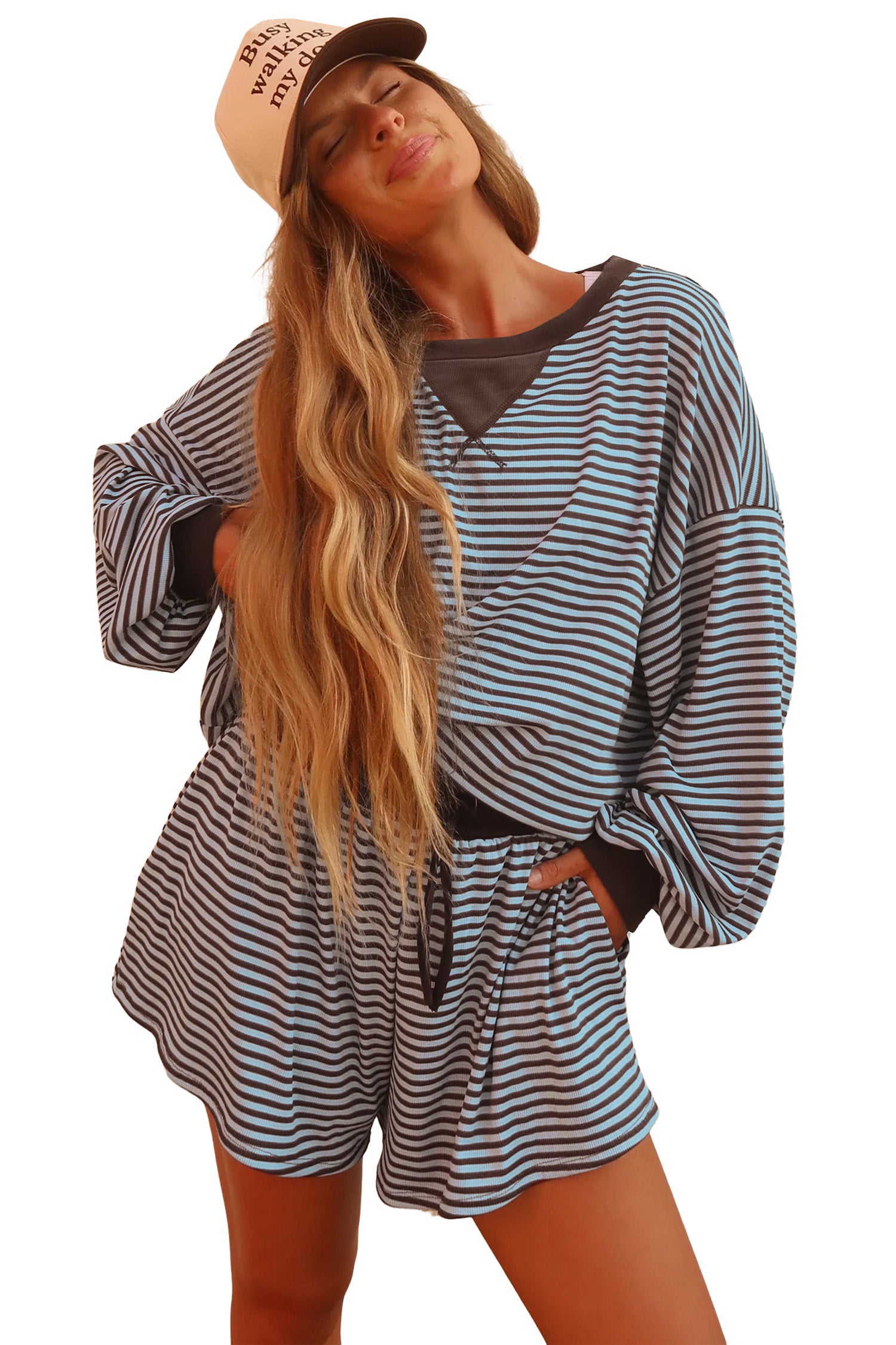 Yellow Stripe Oversized Long Sleeve Top Drawstring Loose Shorts 2pcs Set