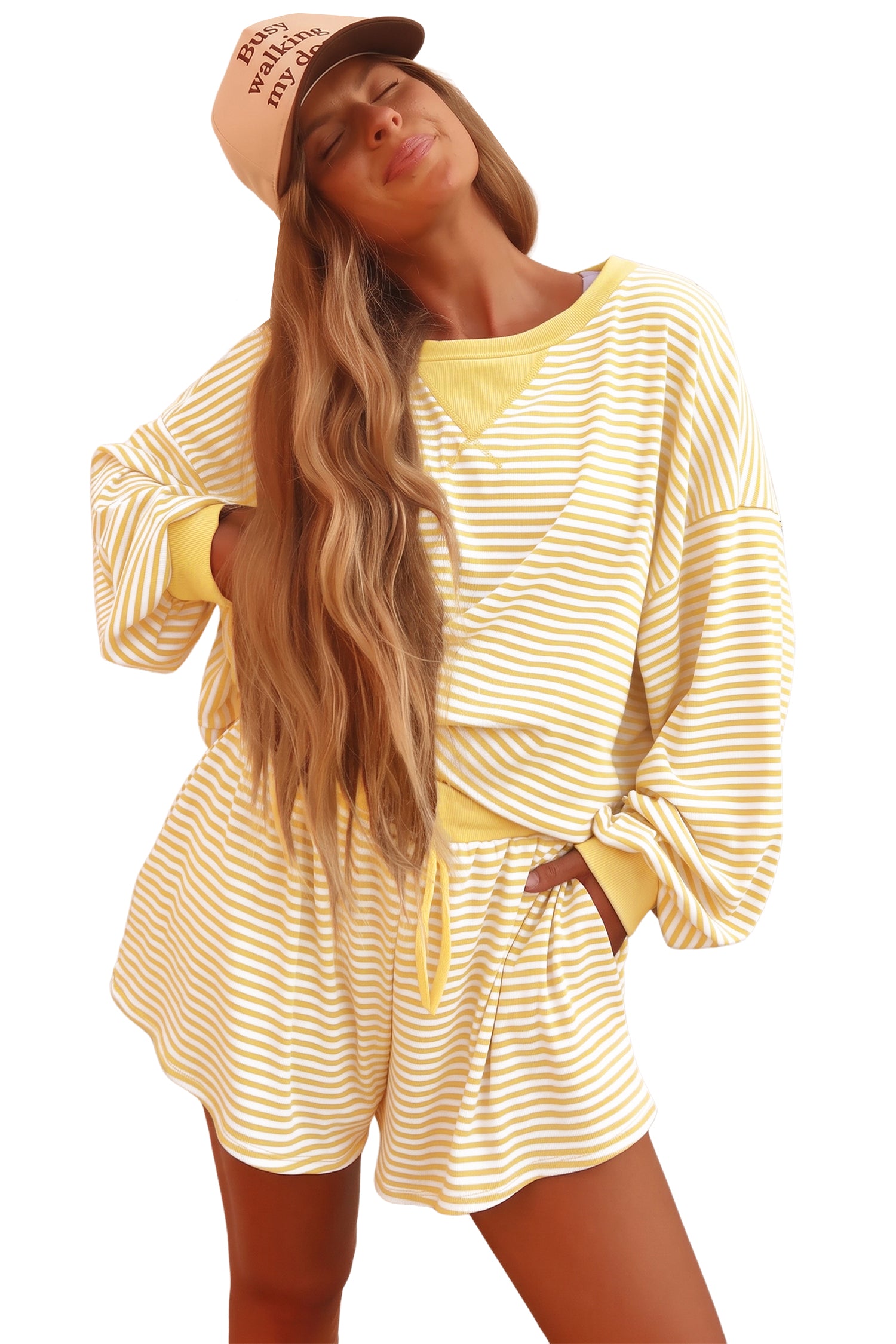 Yellow Stripe Oversized Long Sleeve Top Drawstring Loose Shorts 2pcs Set