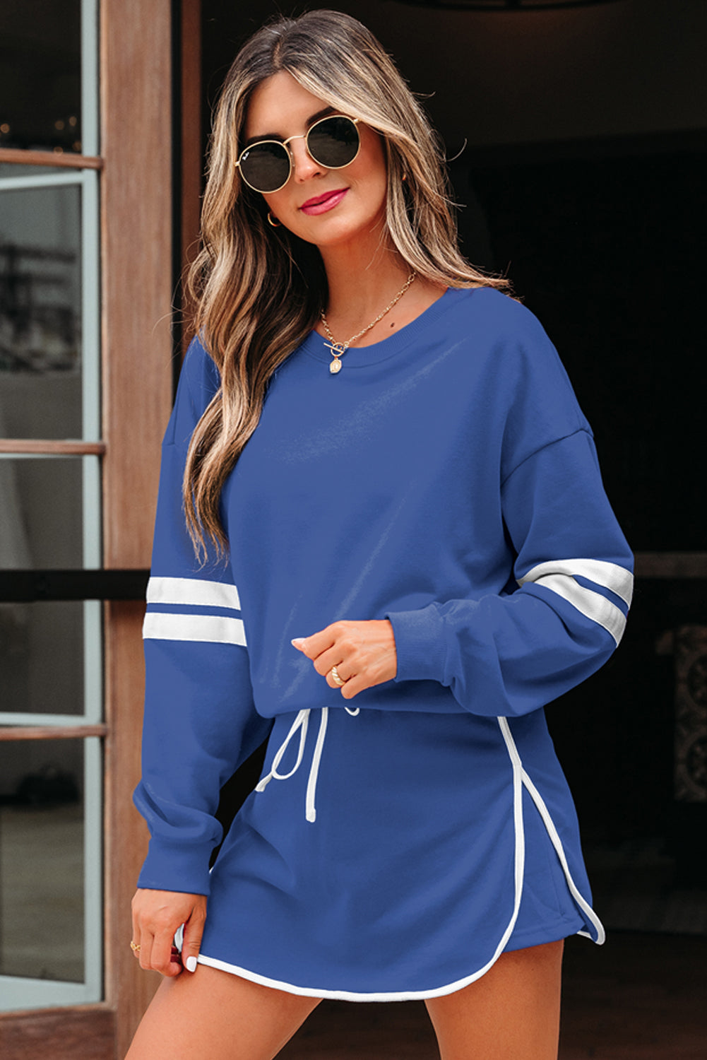 Orange Varsity Stripe Detail Drop Shoulder Pullover Mini Skort Set