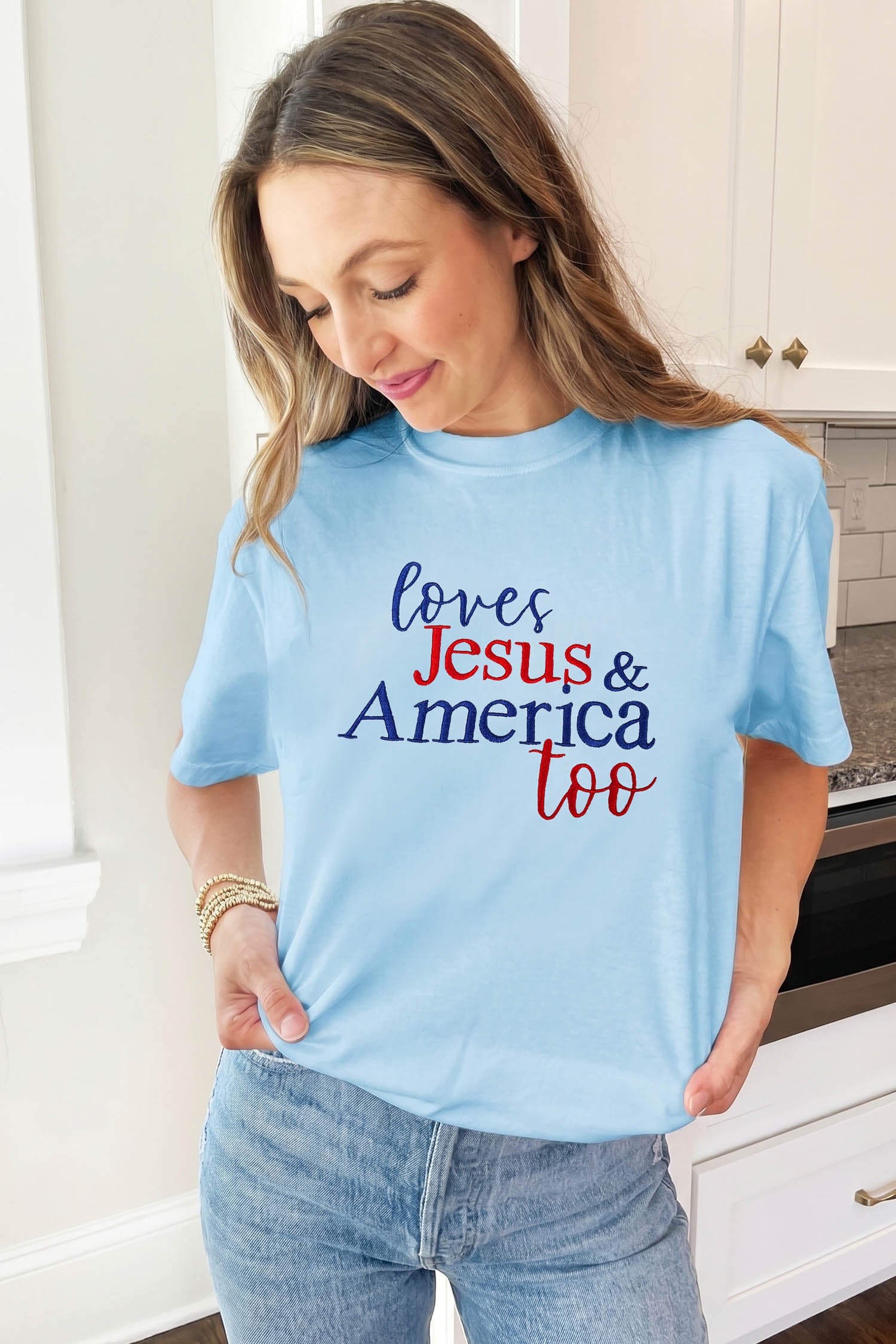 Light Blue Loves Jesus & America Too Patriotic Slogan Embroidered T Shirt