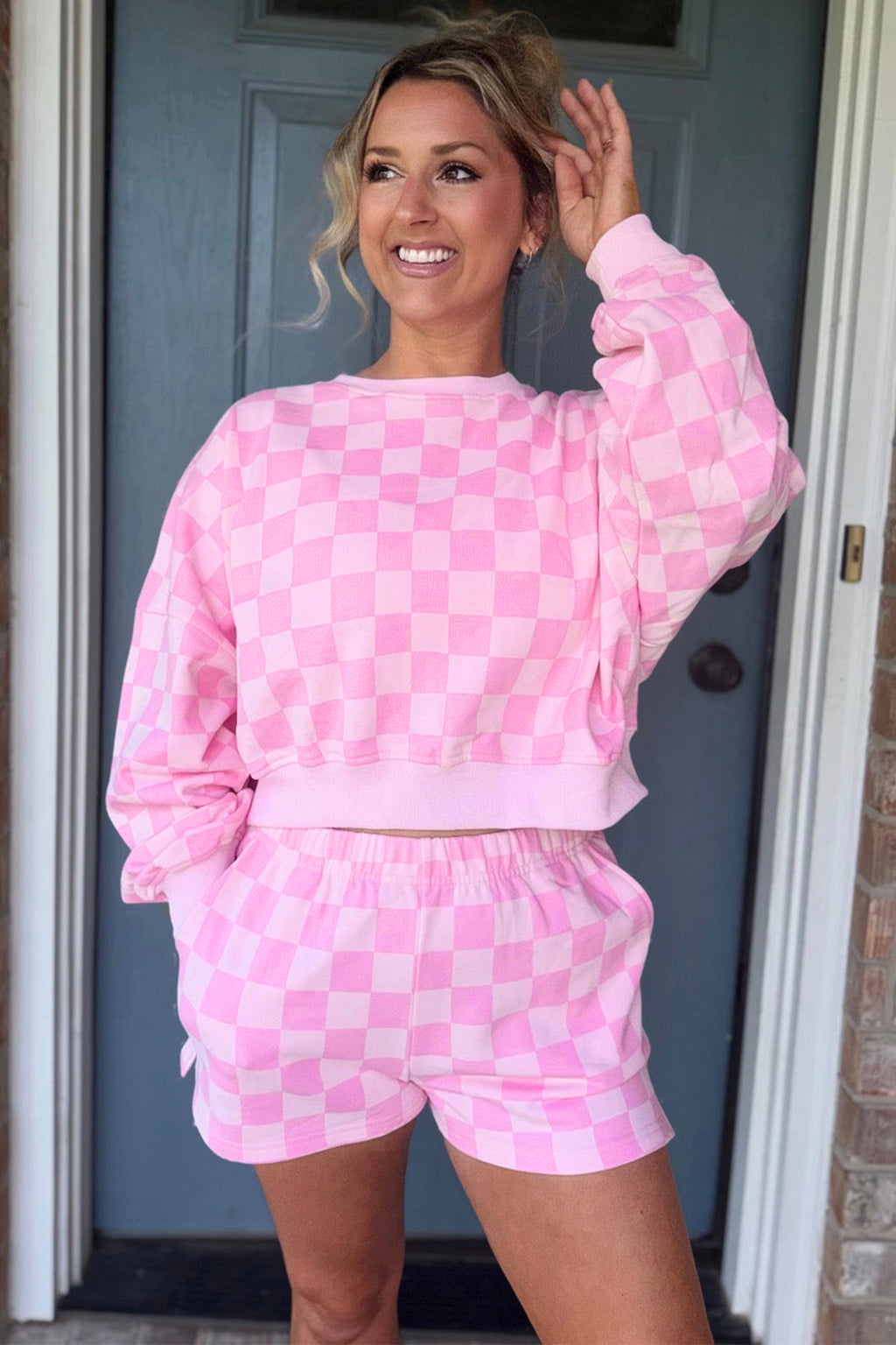 Pink Plaid Checkered Long Sleeve Crop Top Elastic Waist Shorts Two Piece Set