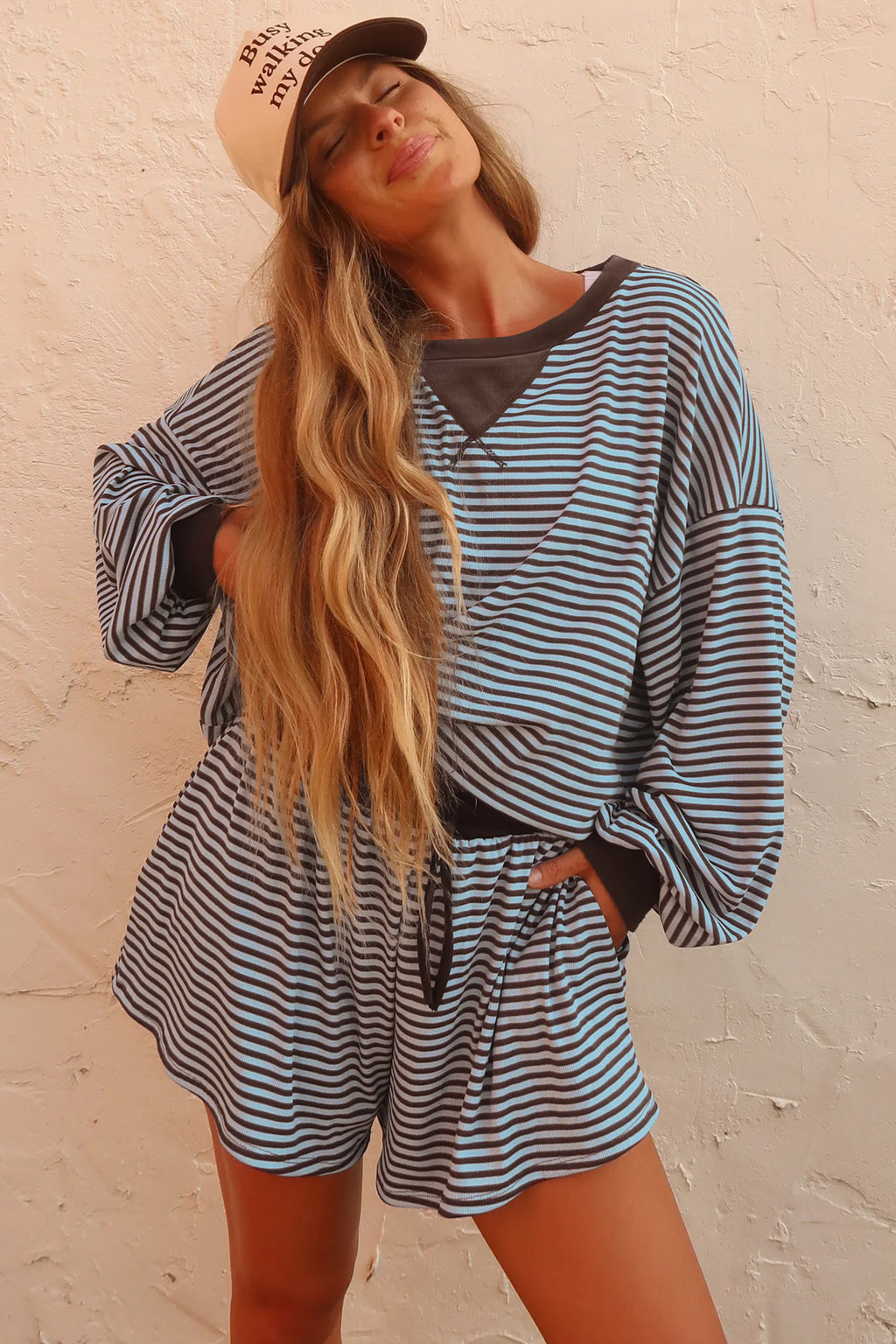Yellow Stripe Oversized Long Sleeve Top Drawstring Loose Shorts 2pcs Set