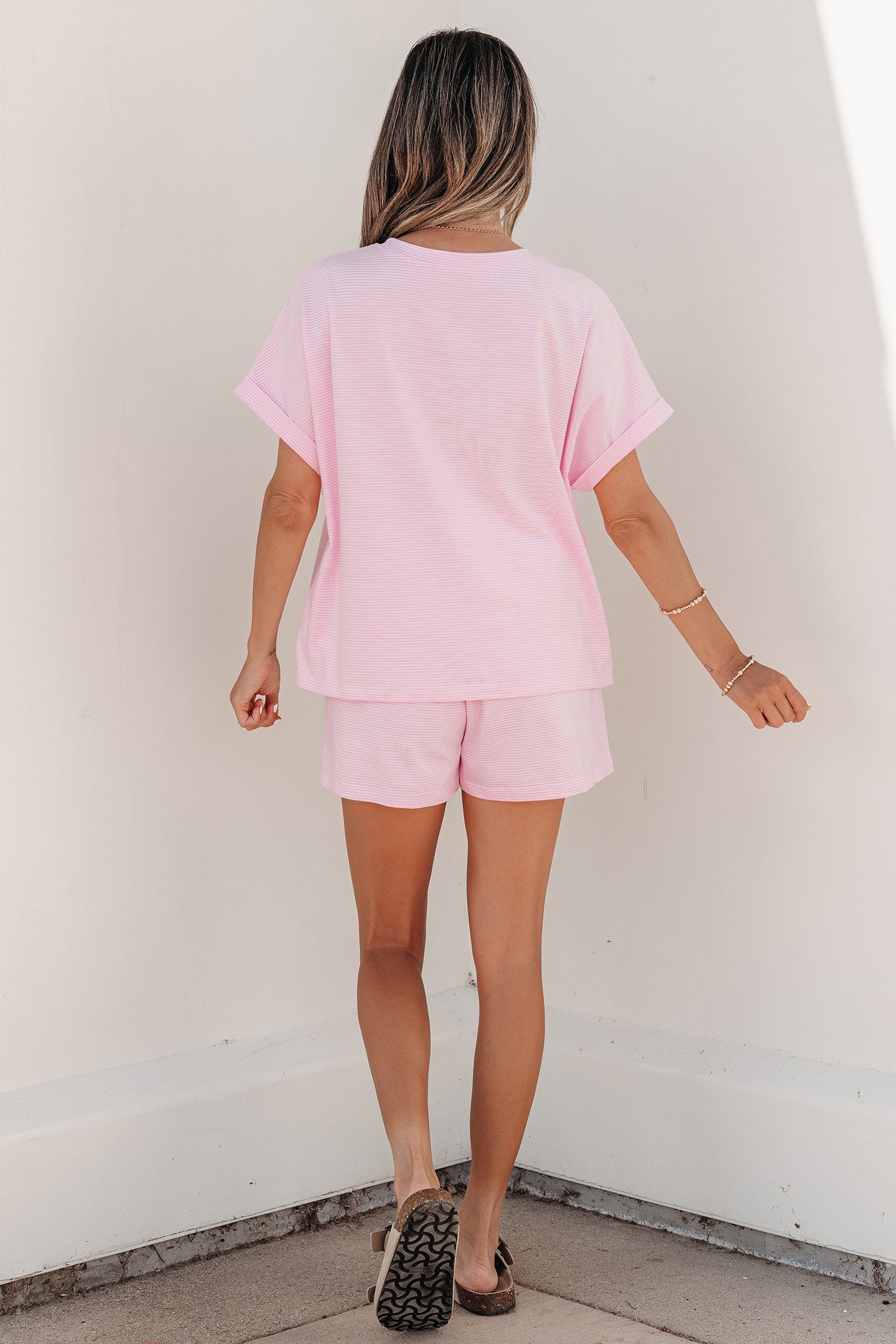 Pink Stripe Matching Oversized Tee and Drawstring Shorts Set