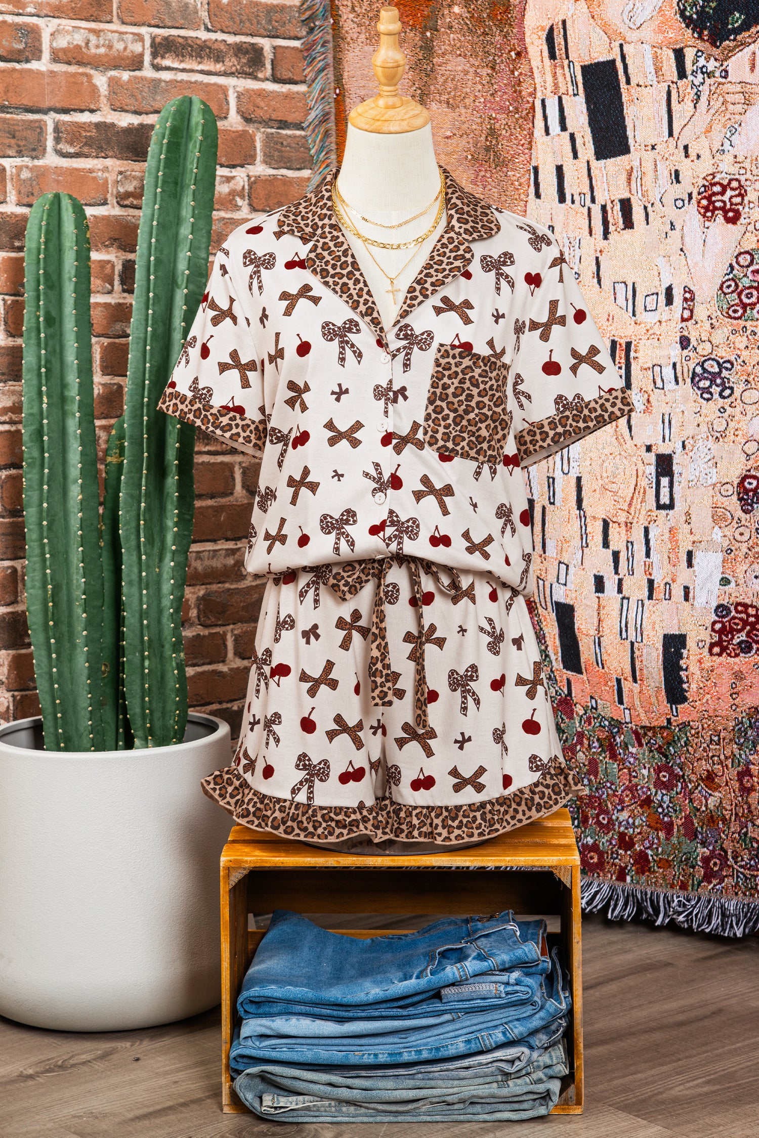 White Chic Bow Cherry Printed Leopard Contrast Patchwork Shirt Drawstring Shorts 2pcs PJ Set