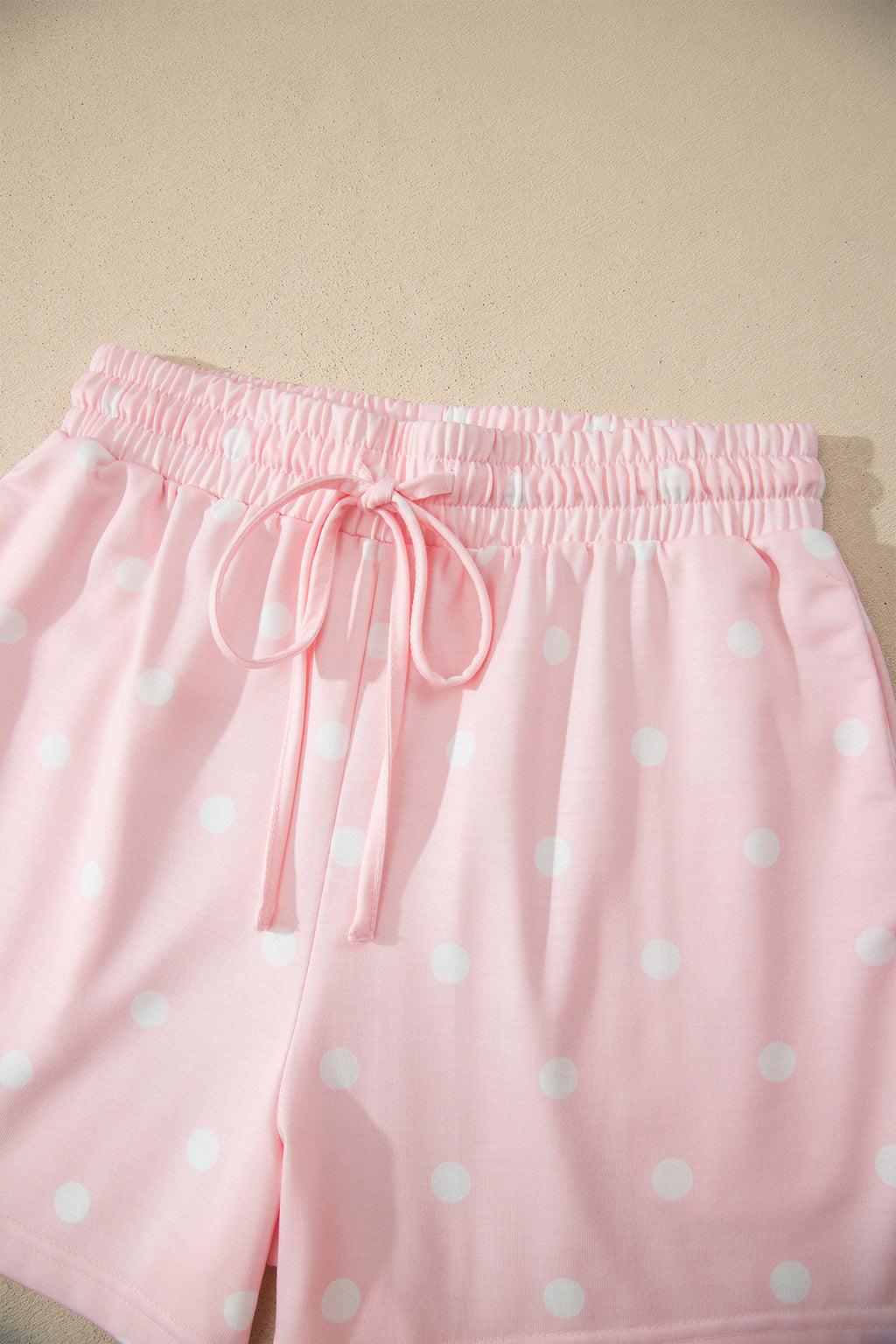 Pink Polka Dot Short Sleeve Loose Top Drawstring Shorts Set