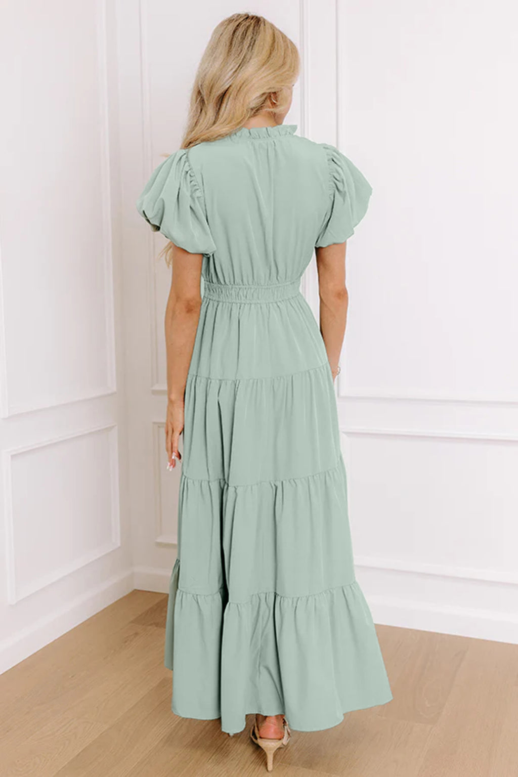 Gossamer Pink Solid Color V Neck Short Puff Sleeve High Waist Tiered Maxi Dress