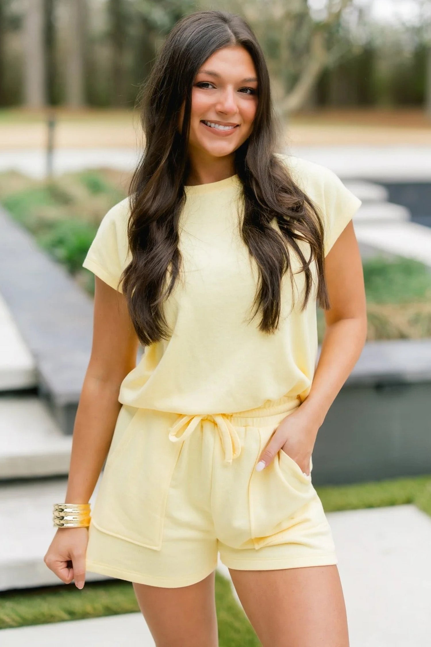 Yellow Cream Solid Color Tee Drawstring Shorts Comfy 2pcs Set