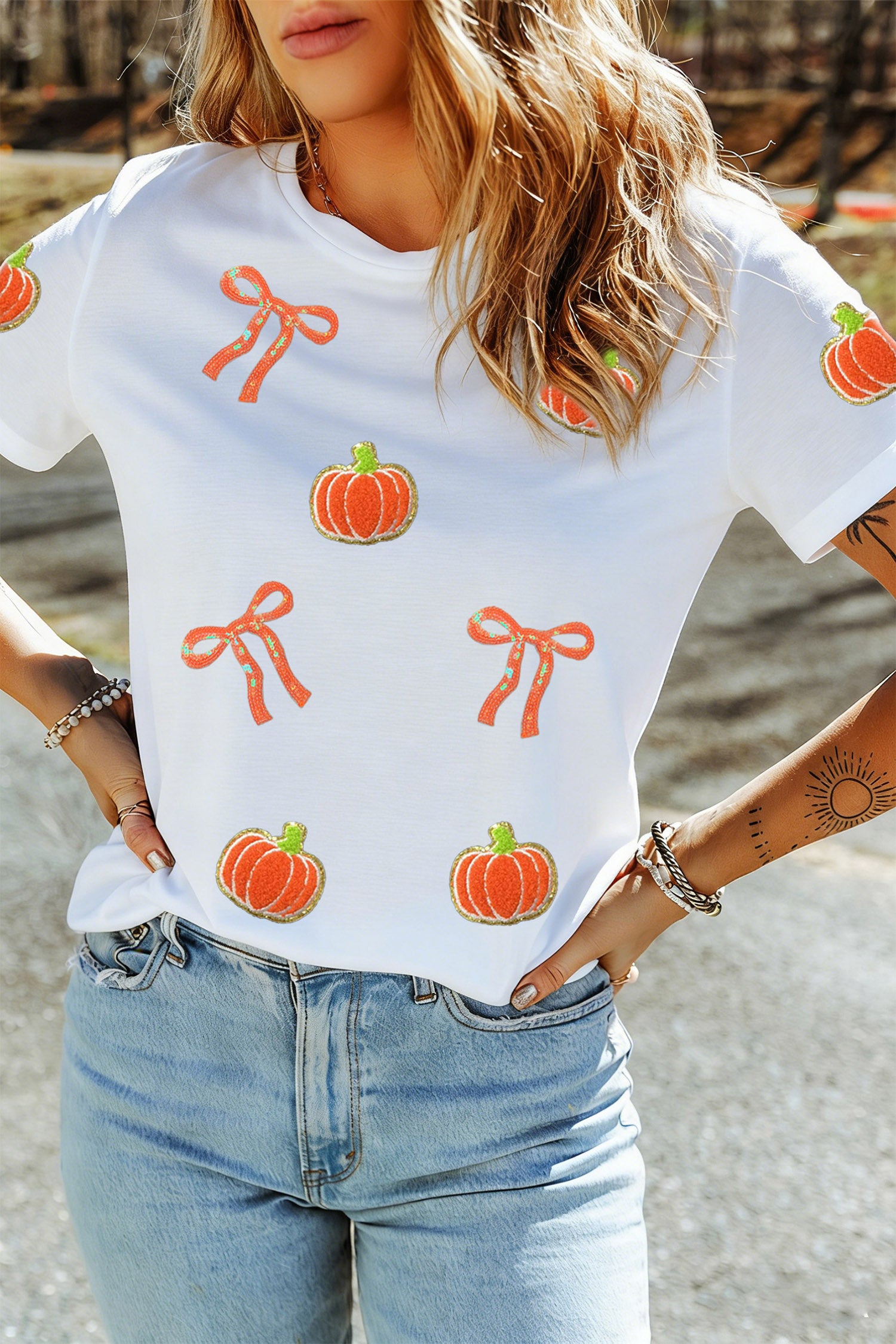 White Sequin Chenille Pumpkin Bow Pattern Casual Short T Shirt
