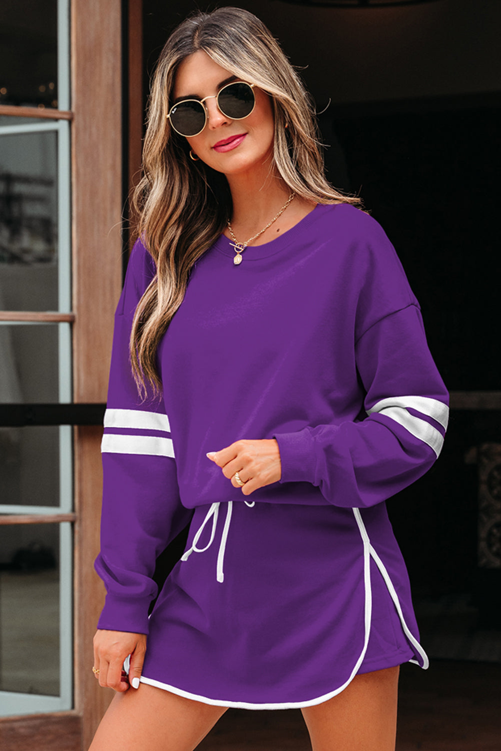 Orange Varsity Stripe Detail Drop Shoulder Pullover Mini Skort Set