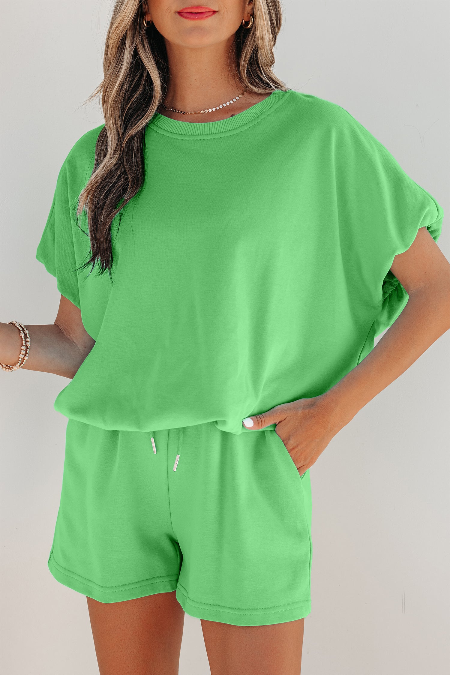Green Solid Color Puffy Loose Top Drawstring Shorts 2pcs Outfit