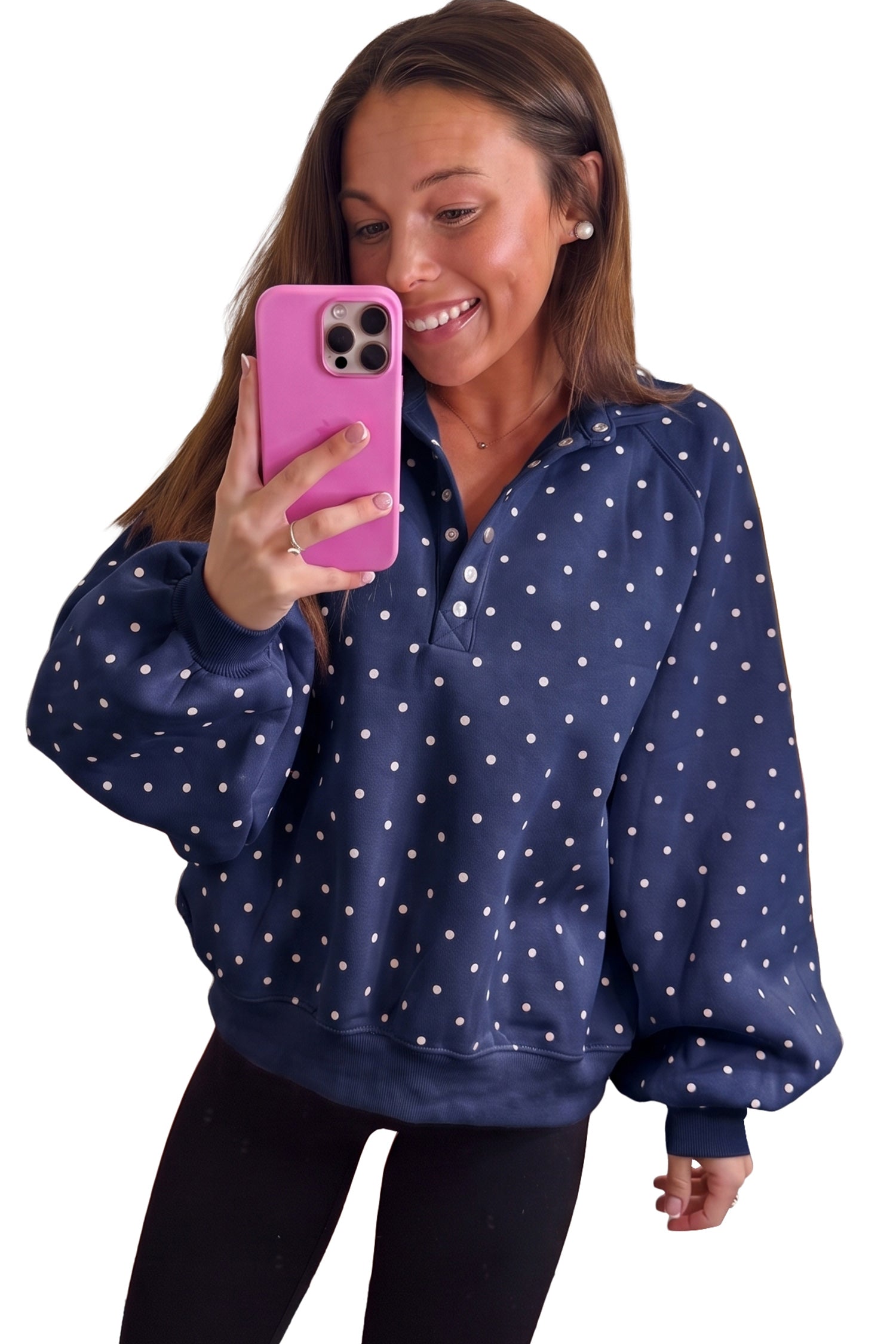 Pink Polka Dot Print Metal Button Collar Casual Pullover Sweatshirt