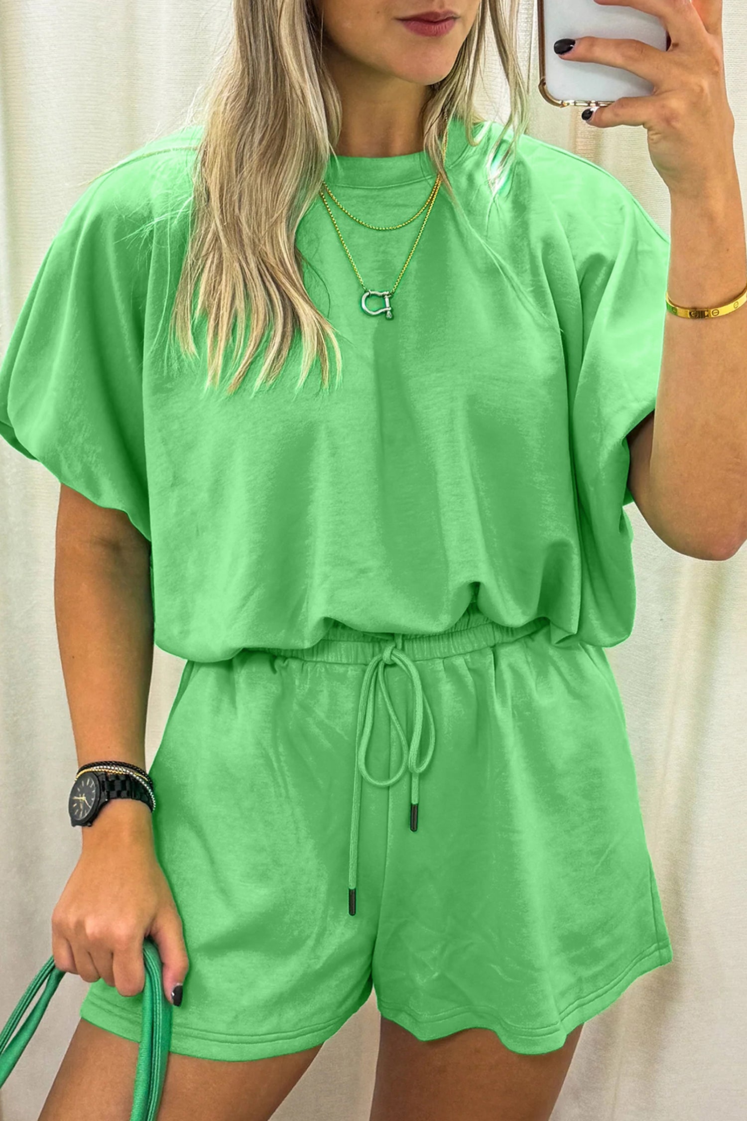Green Solid Color Puffy Loose Top Drawstring Shorts 2pcs Outfit