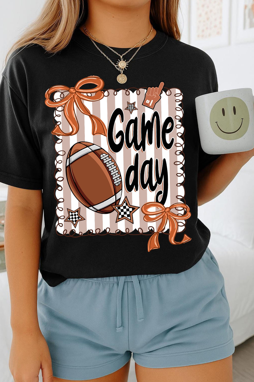 Black Casual Game Day Football Striped Tee