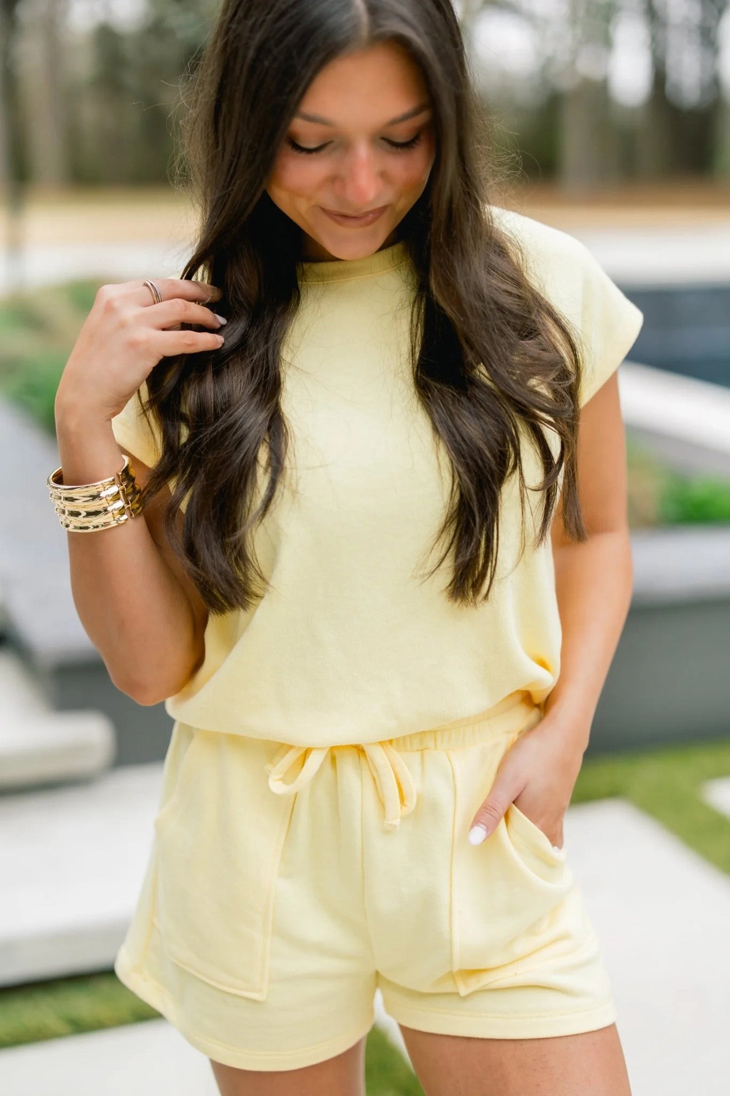Yellow Cream Solid Color Tee Drawstring Shorts Comfy 2pcs Set