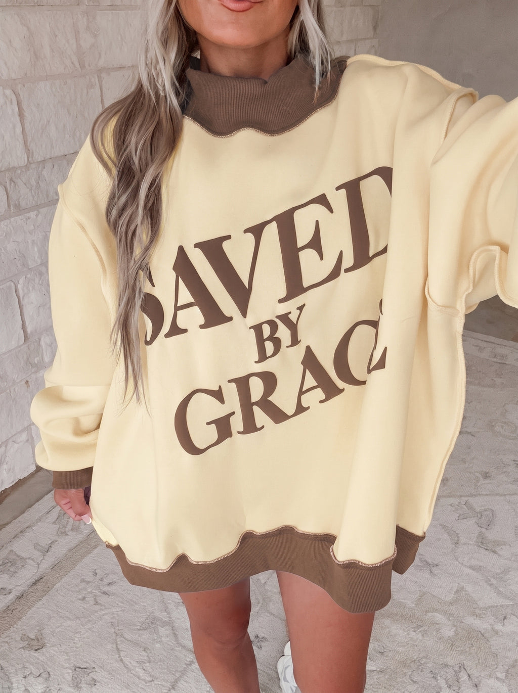 Bright Pink Saved By Grace Print Color Block Mock Neck Oversized Sweatshirt
