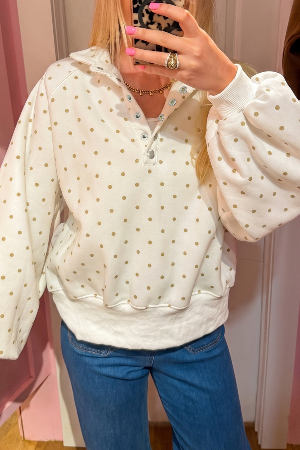 Pink Polka Dot Print Metal Button Collar Casual Pullover Sweatshirt