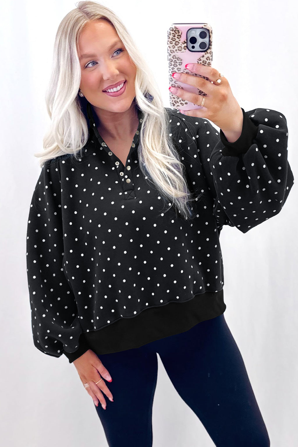 Pink Polka Dot Print Metal Button Collar Casual Pullover Sweatshirt