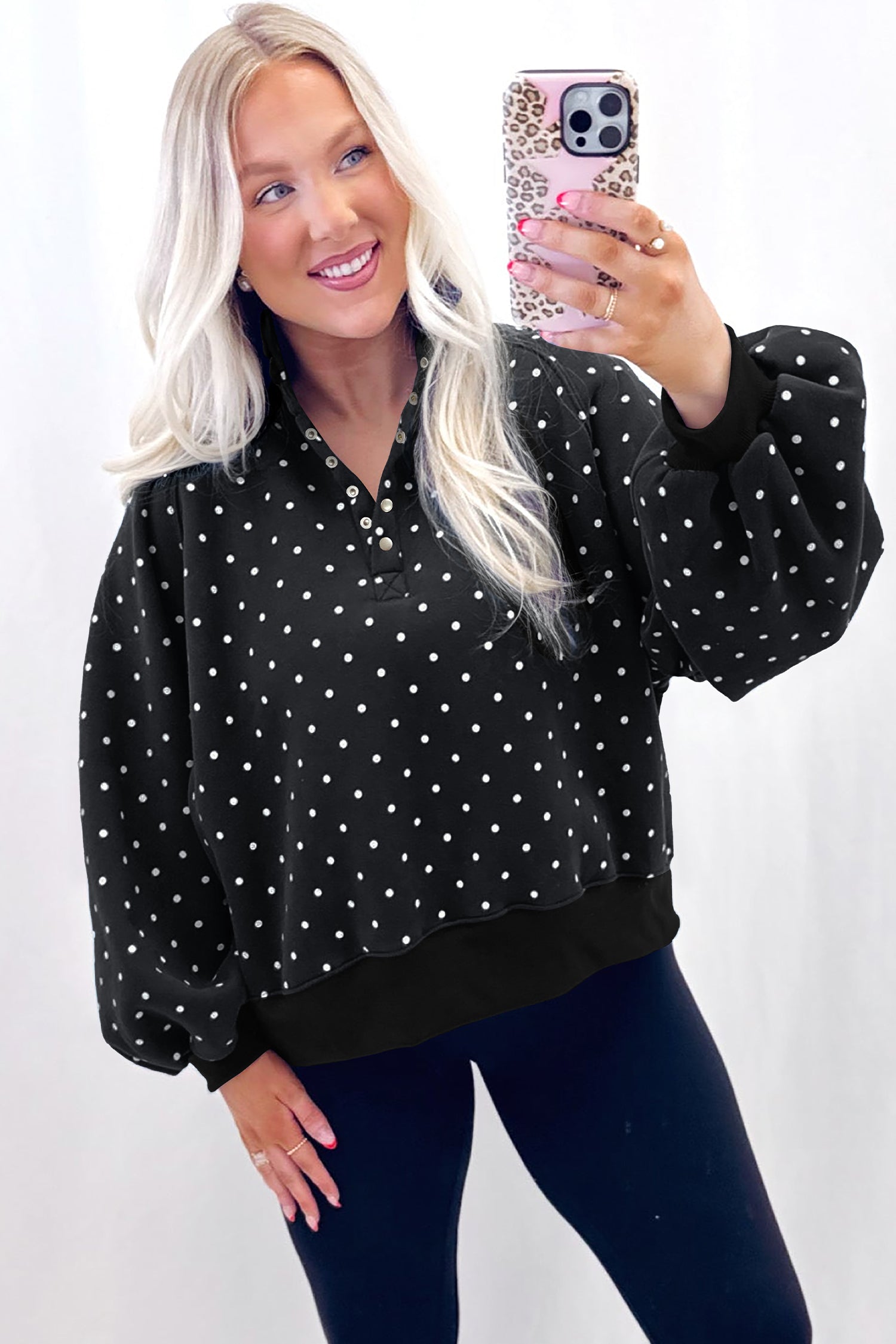 Pink Polka Dot Print Metal Button Collar Casual Pullover Sweatshirt
