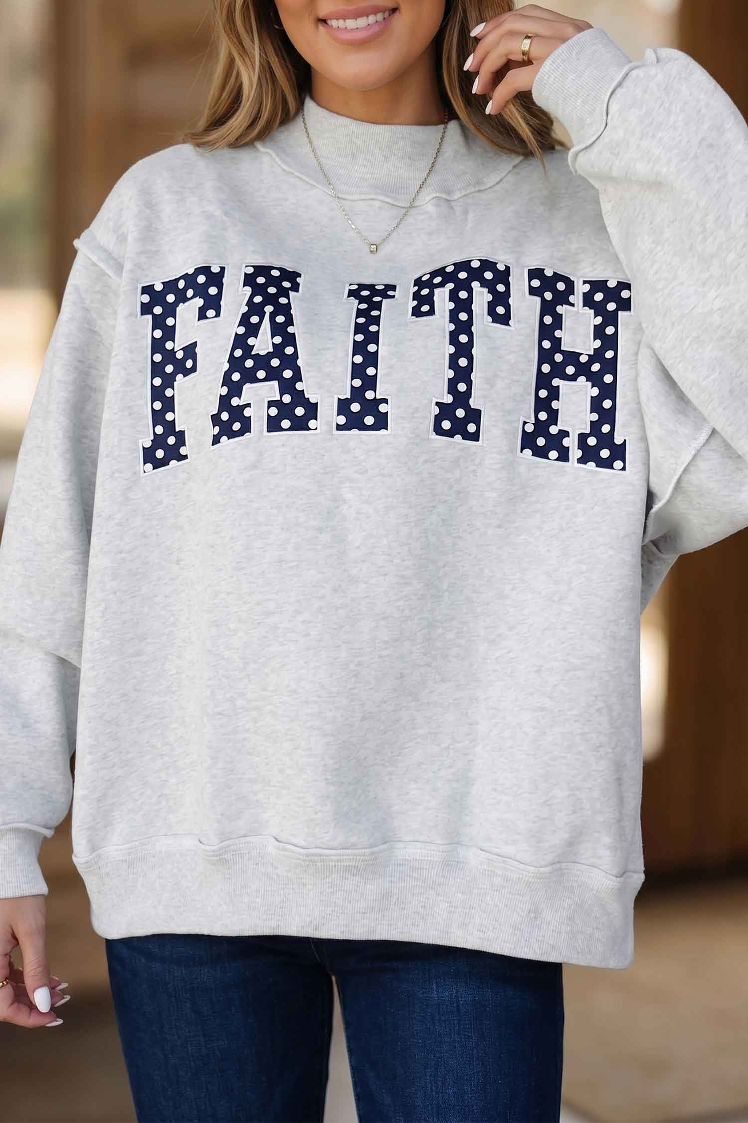 Gray High Neck Polka Dot Slogan Printed Baggy Sweatshirt