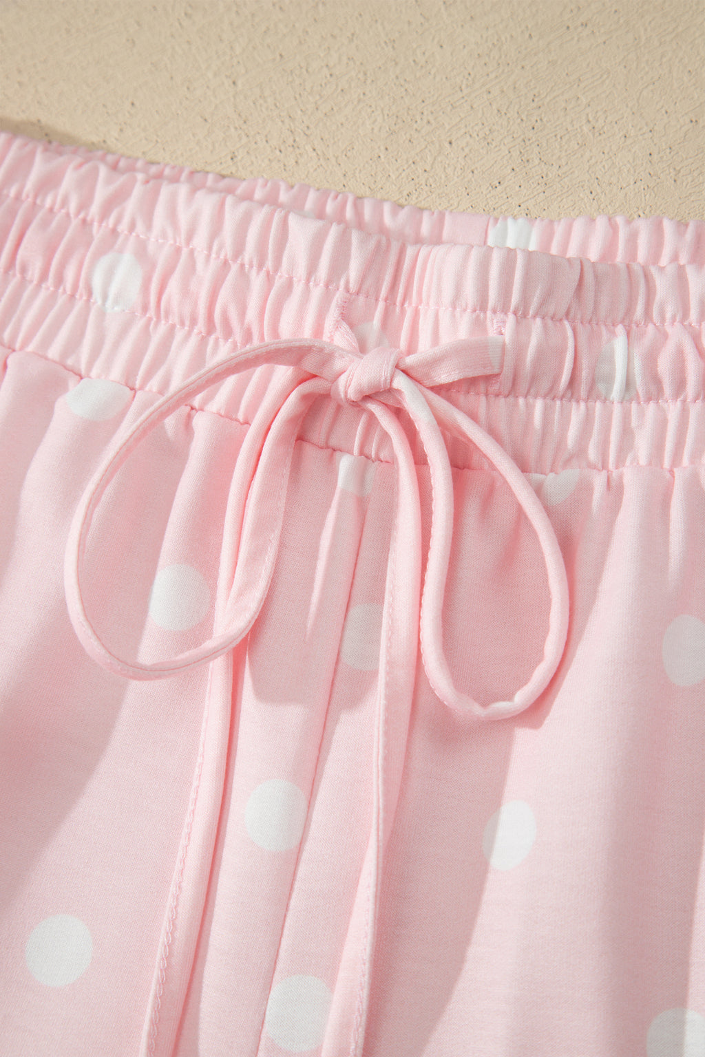 Pink Polka Dot Short Sleeve Loose Top Drawstring Shorts Set