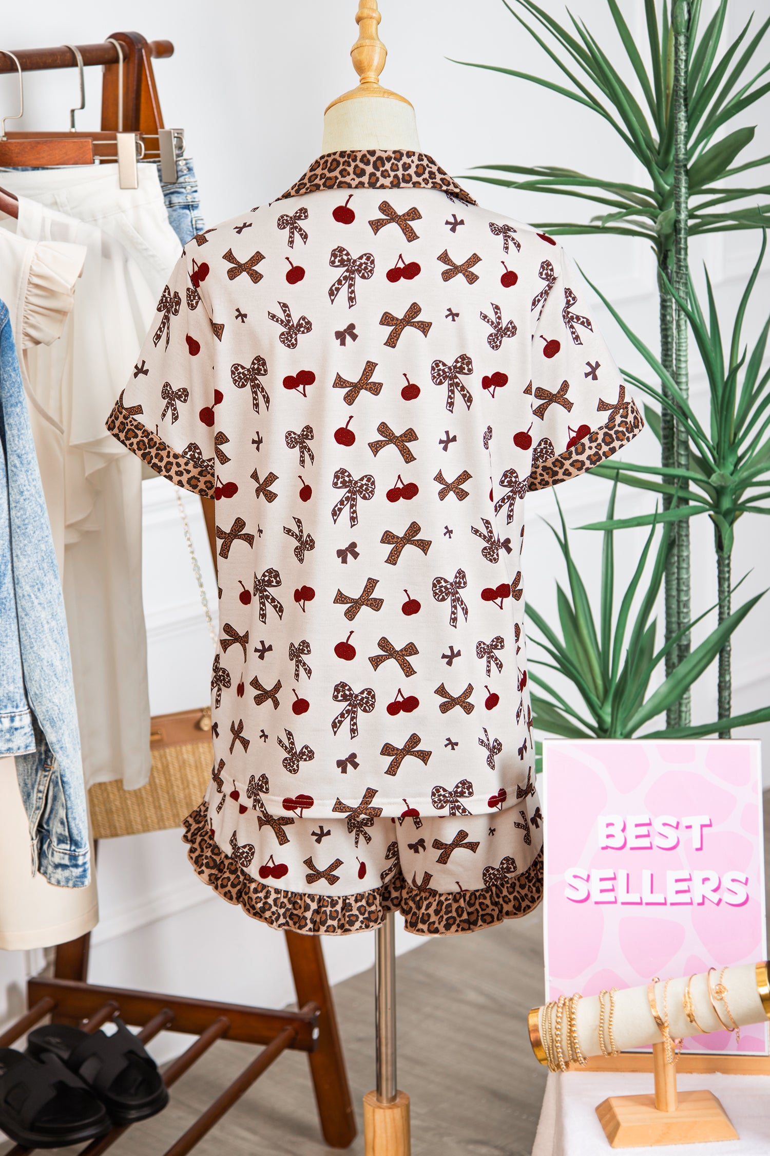 White Chic Bow Cherry Printed Leopard Contrast Patchwork Shirt Drawstring Shorts 2pcs PJ Set