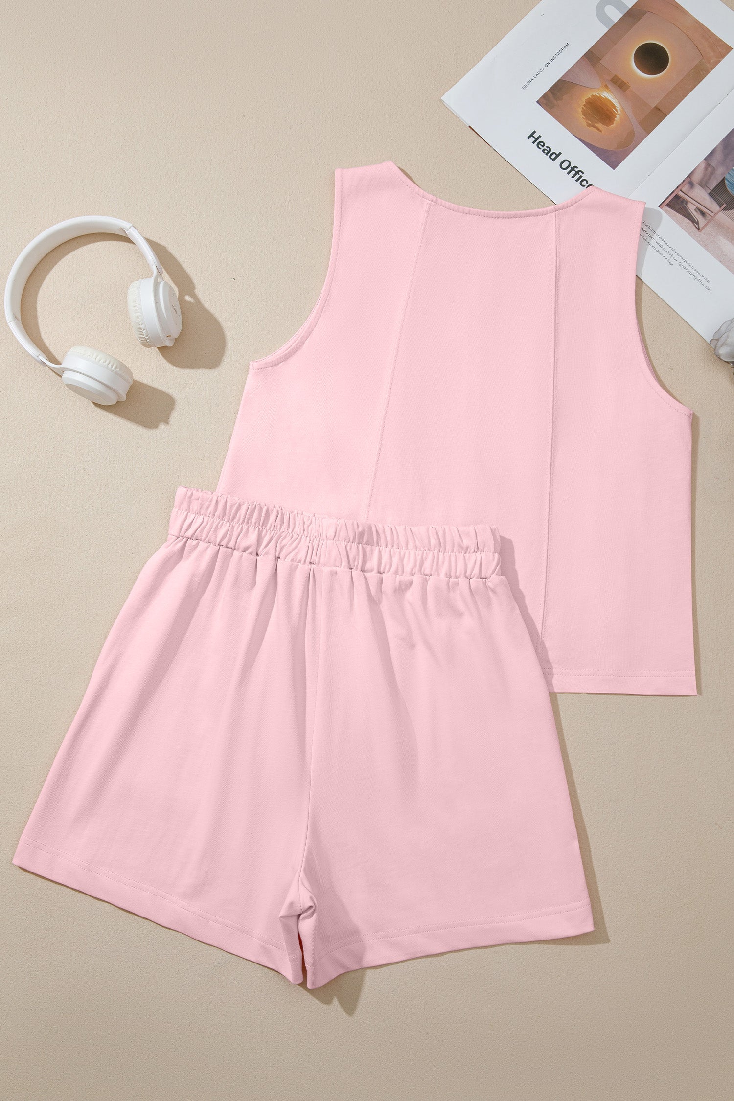 Pink Stitched Detail Loose Tank Top Cotton 2pcs Short Set