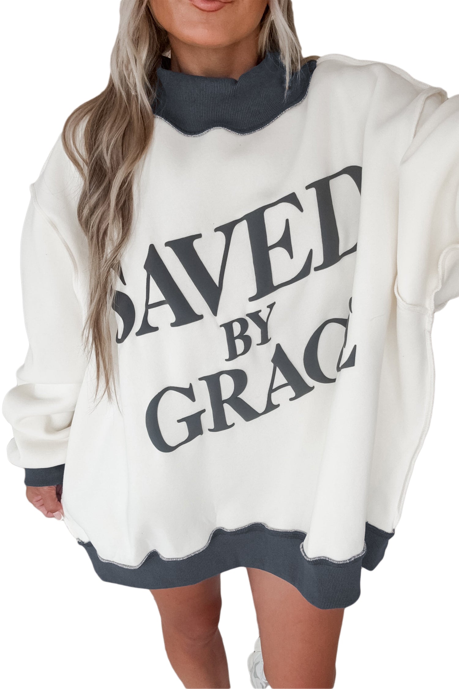 Bright Pink Saved By Grace Print Color Block Mock Neck Oversized Sweatshirt