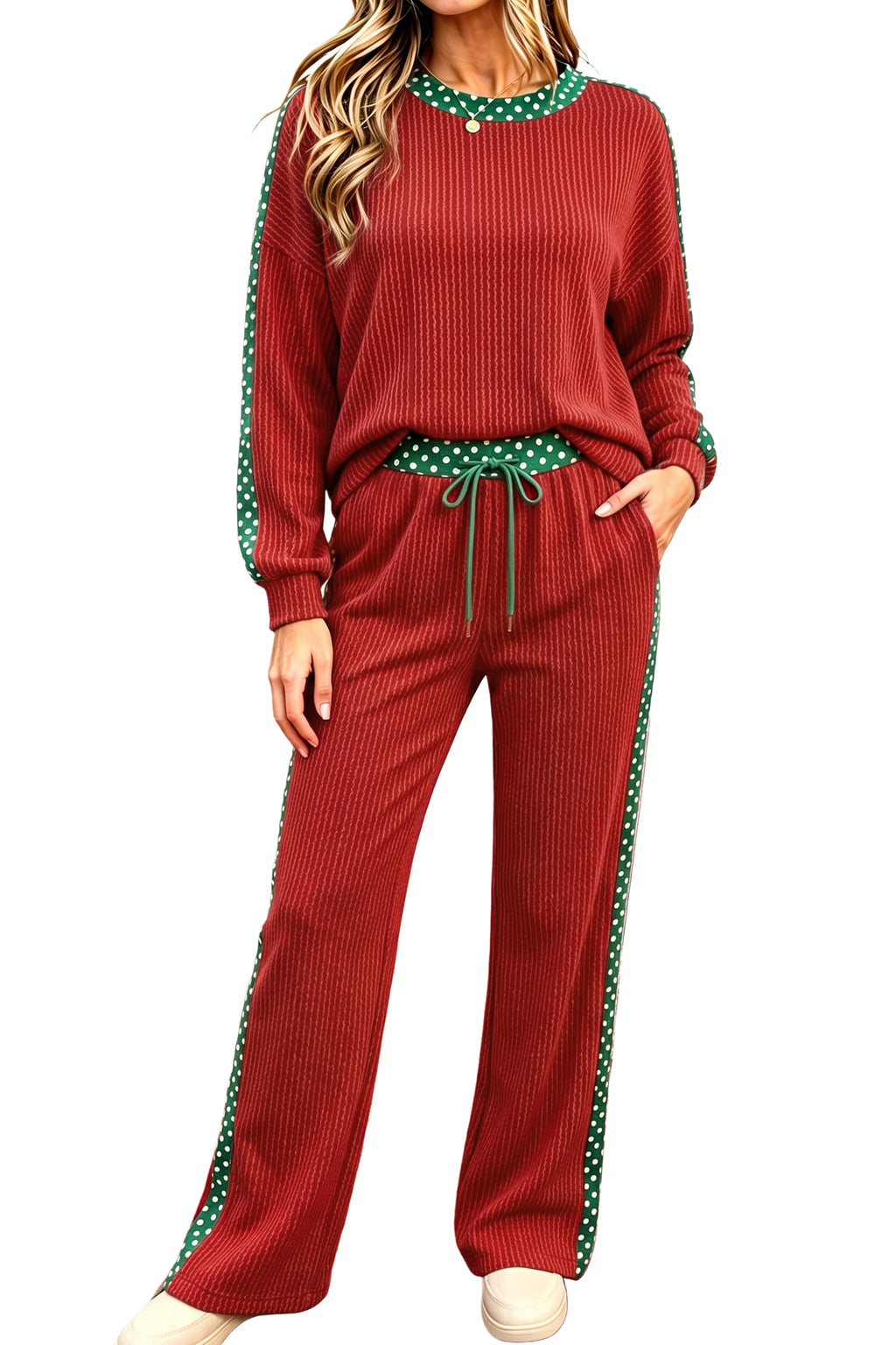 Simply Taupe Cozy Ribbed Patchwork Leopard Trim Long Sleeve 2pcs Pant Set