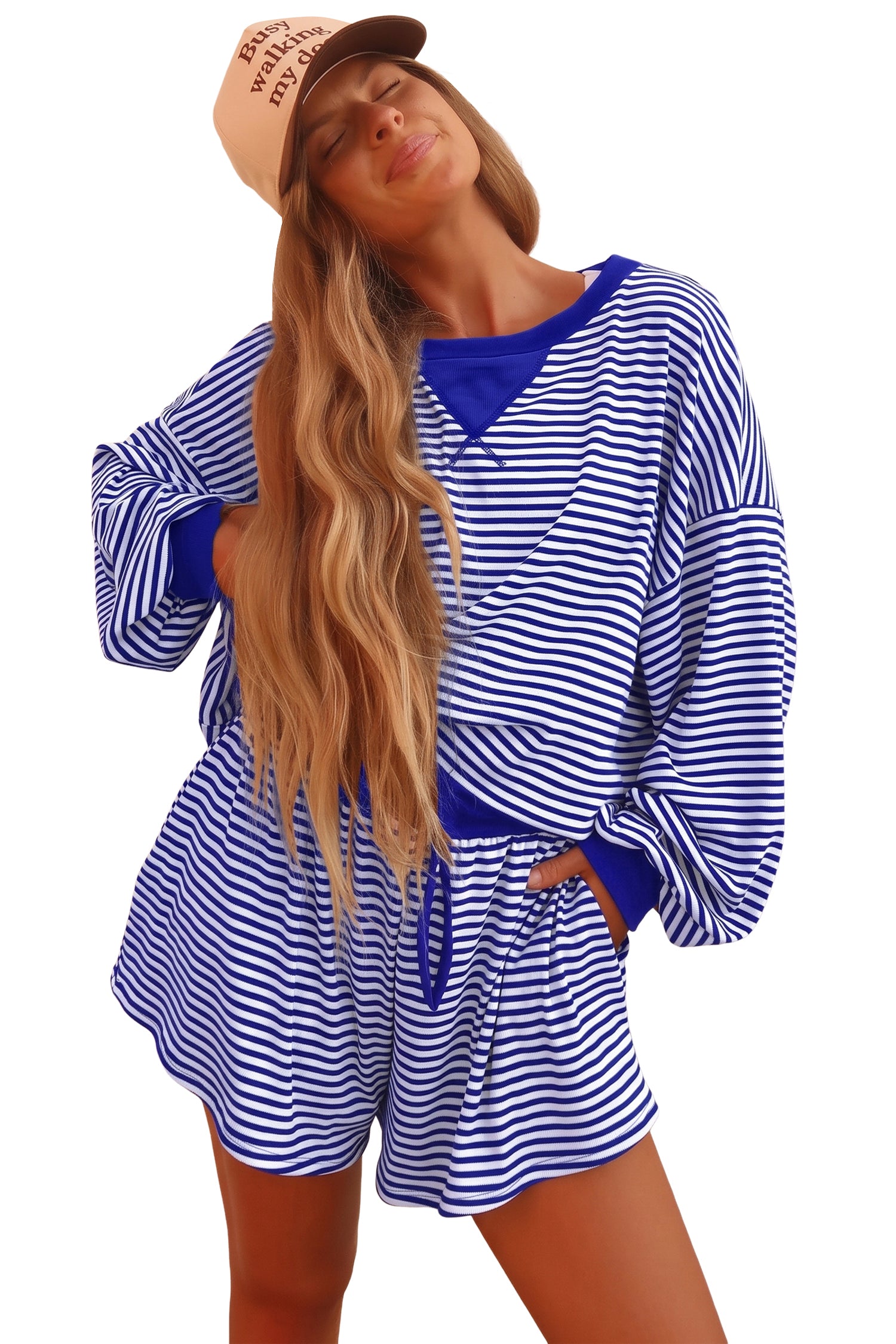 Yellow Stripe Oversized Long Sleeve Top Drawstring Loose Shorts 2pcs Set
