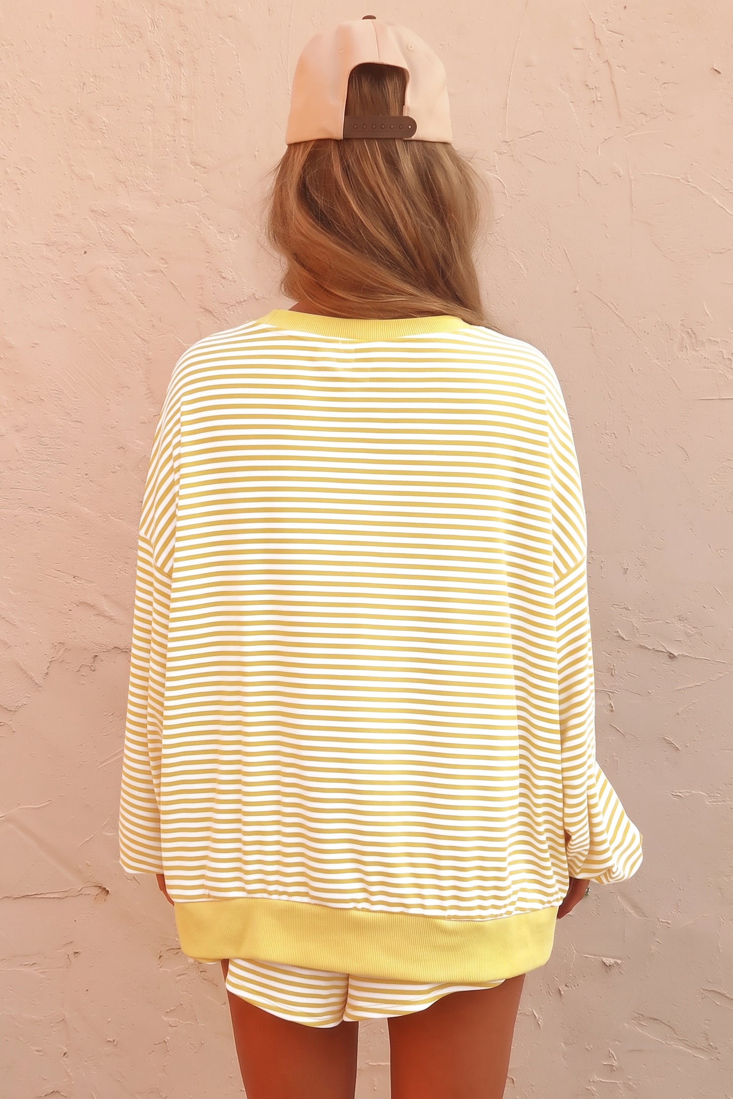 Yellow Stripe Oversized Long Sleeve Top Drawstring Loose Shorts 2pcs Set