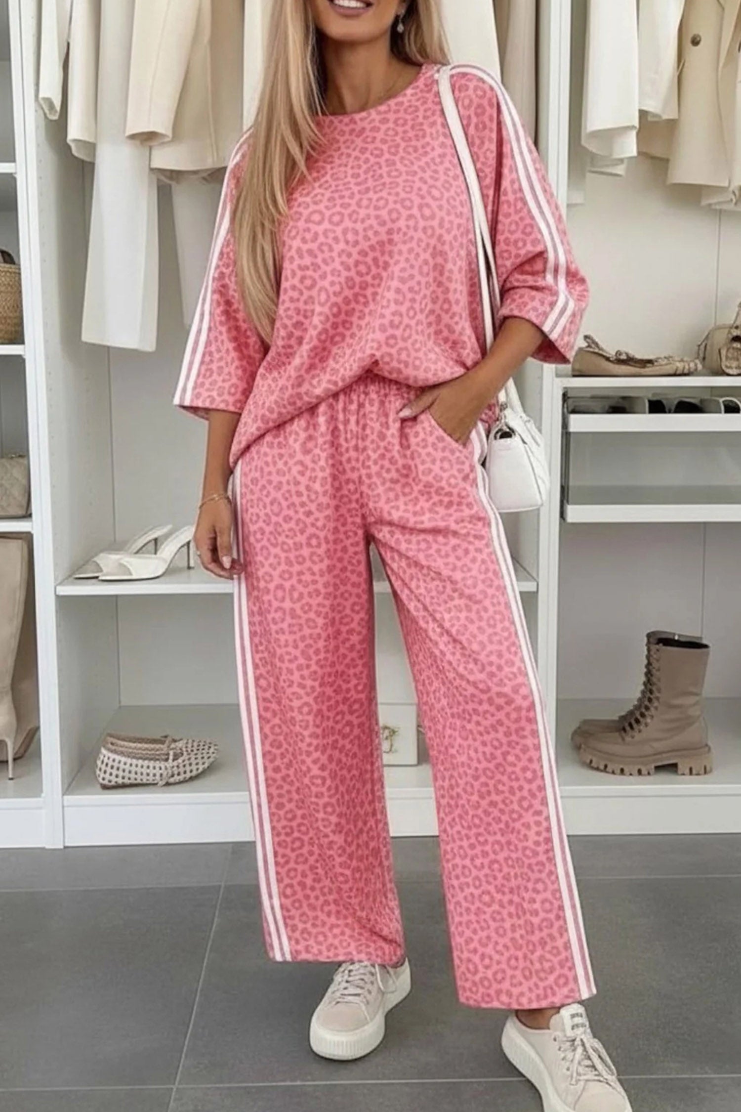 Gray Leopard Print Varsity Striped Detail 3/4 Sleeve Top Shift Pant Set