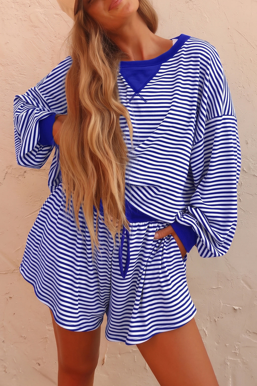 Yellow Stripe Oversized Long Sleeve Top Drawstring Loose Shorts 2pcs Set