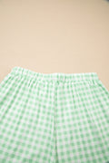 Green Gingham Long Sleeve Loose Top Drawstring Shorts 2pcs Lounge Set